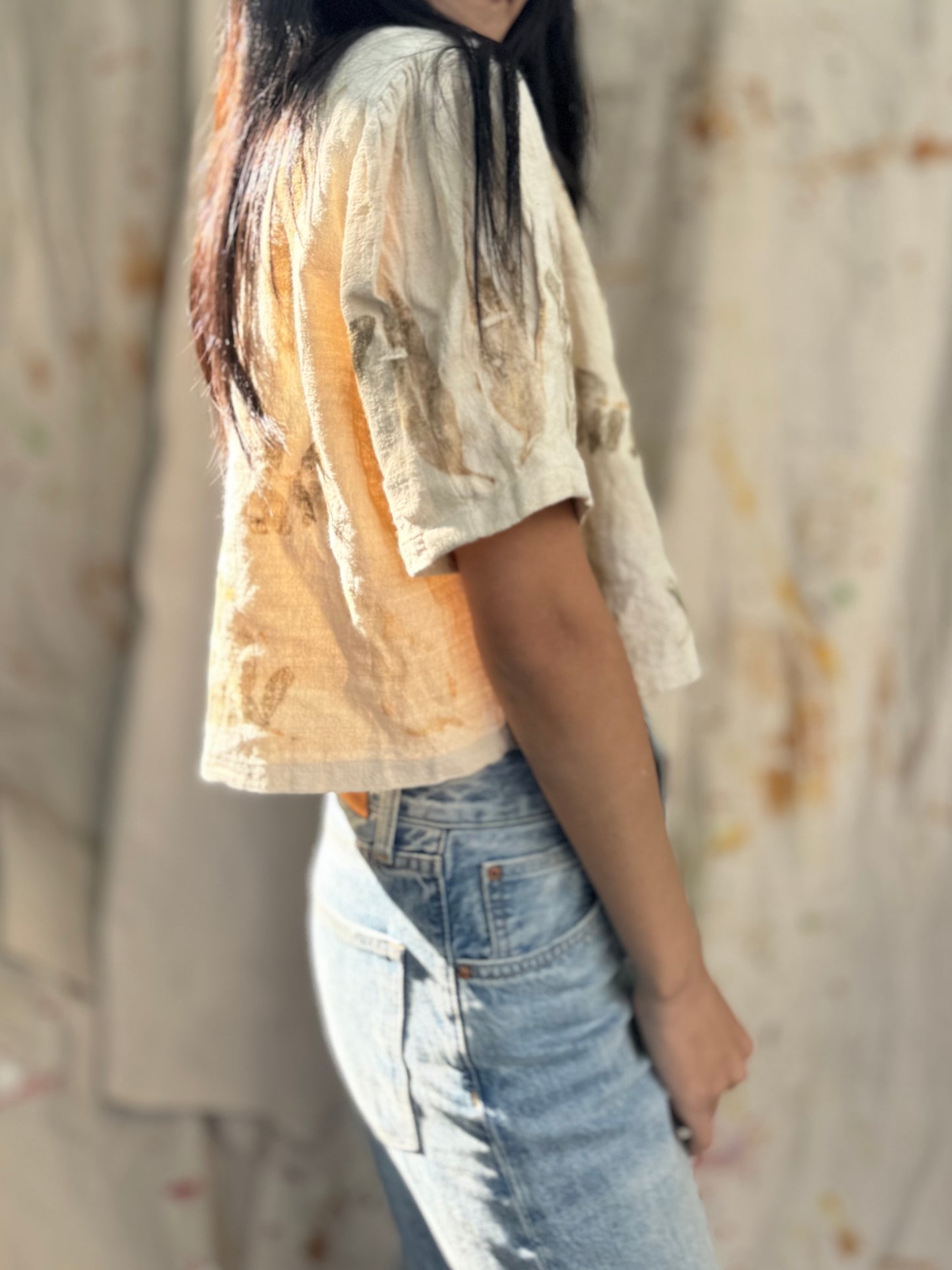 Leaf Dyed Cotton Cropped Shirt | Botanical Print | Handmade in Thailand