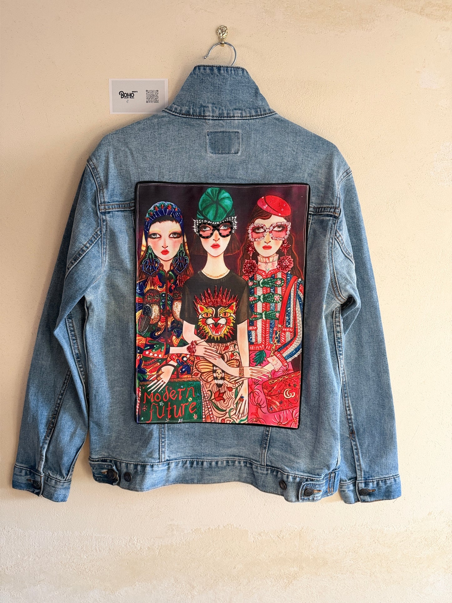 Boho Denim Jacket with Hand Embroidery – Pop Folk Art | One-of-a-Kind Statement Piece