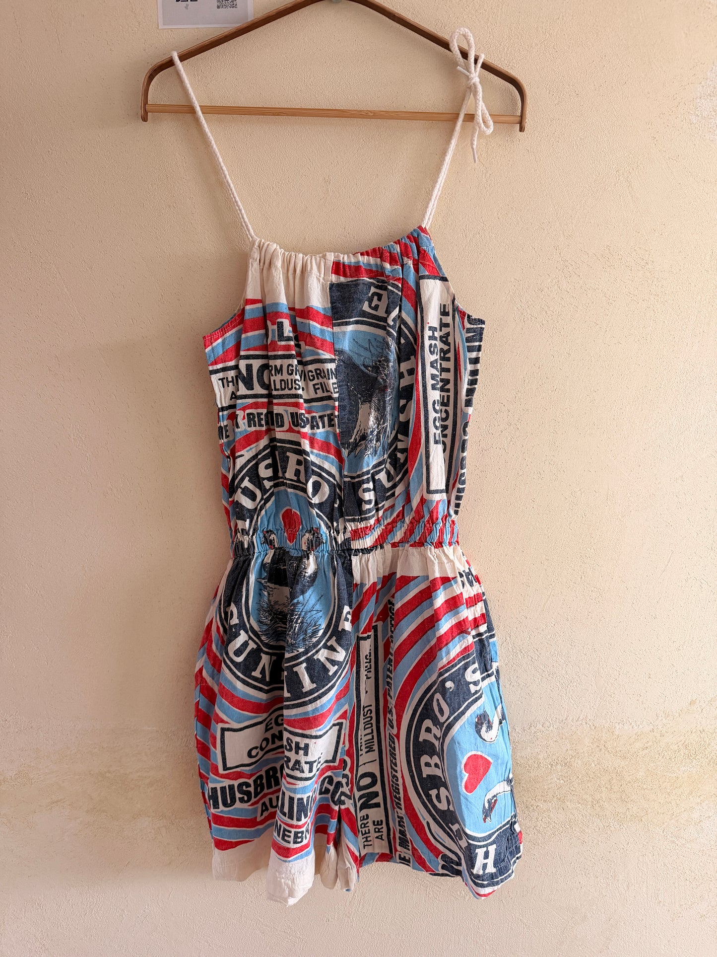 Vintage Potato Sack Print Washed Cotton Romper – Adjustable, One Size