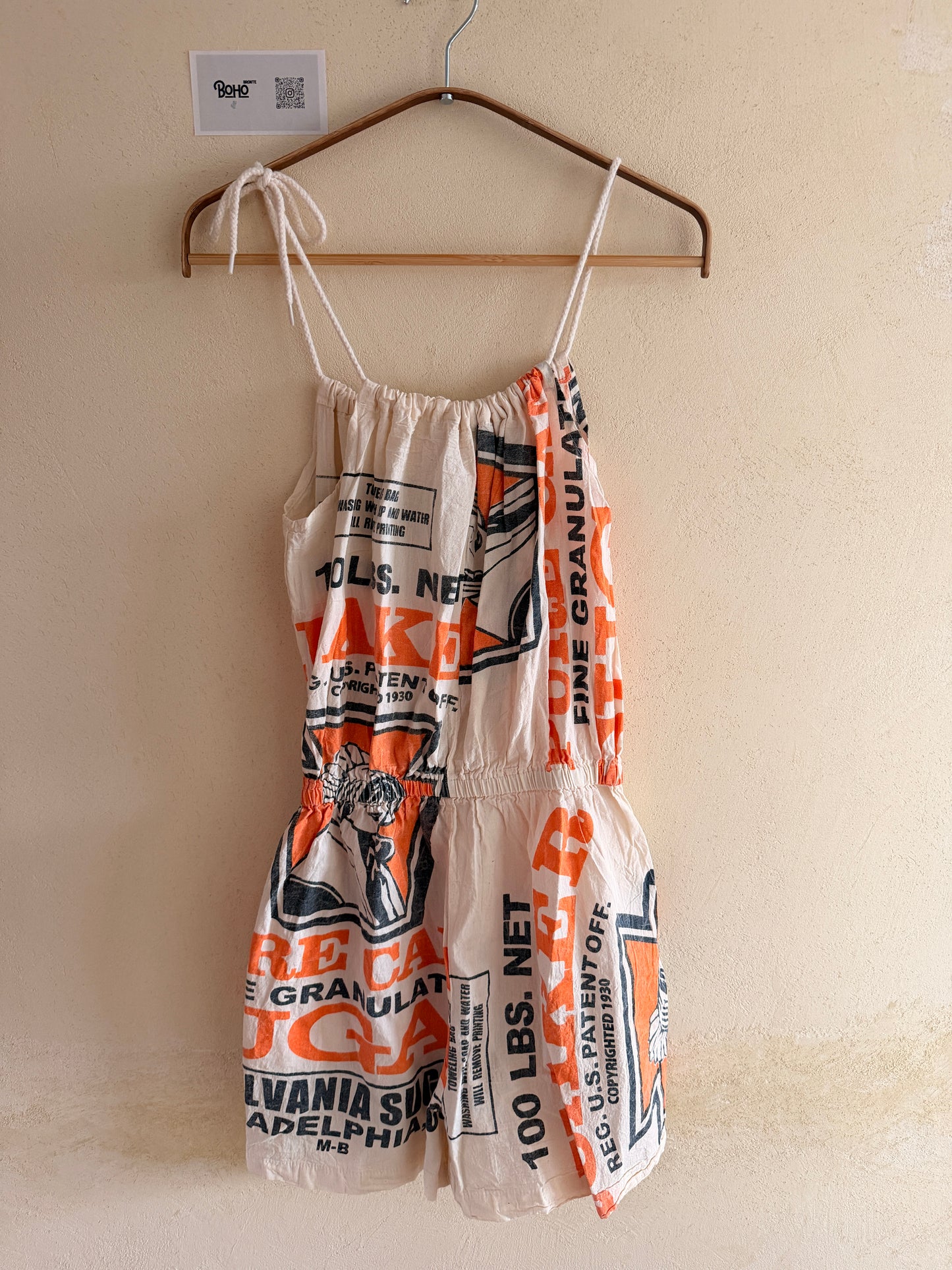 Vintage Potato Sack Print Washed Cotton Romper – Adjustable, One Size