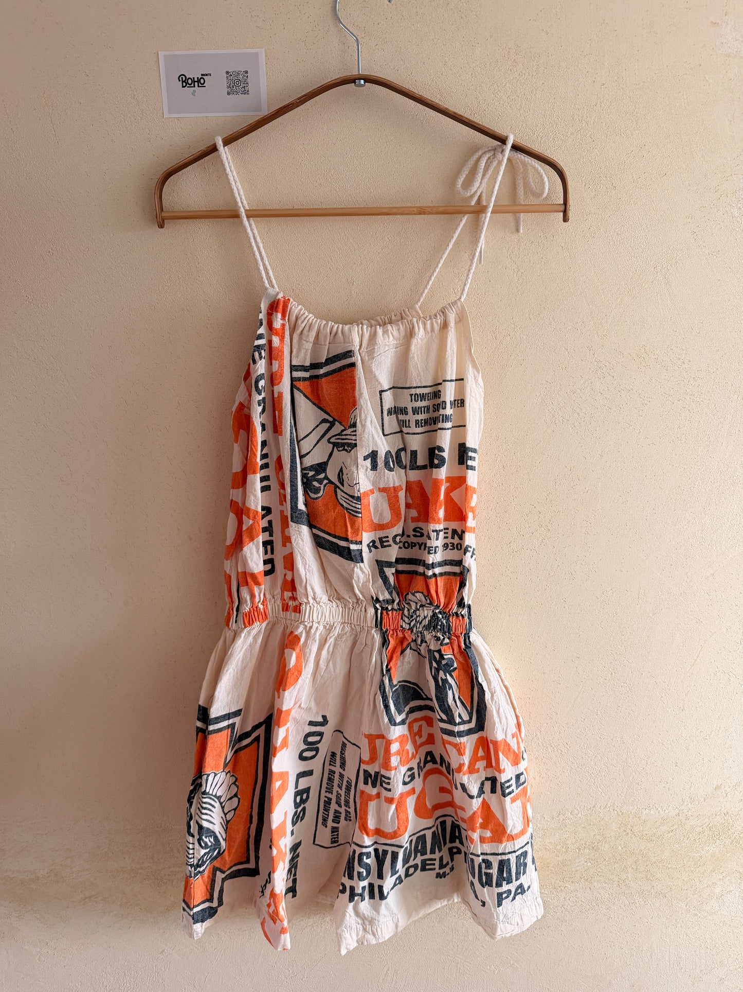 Vintage Potato Sack Print Washed Cotton Romper – Adjustable, One Size