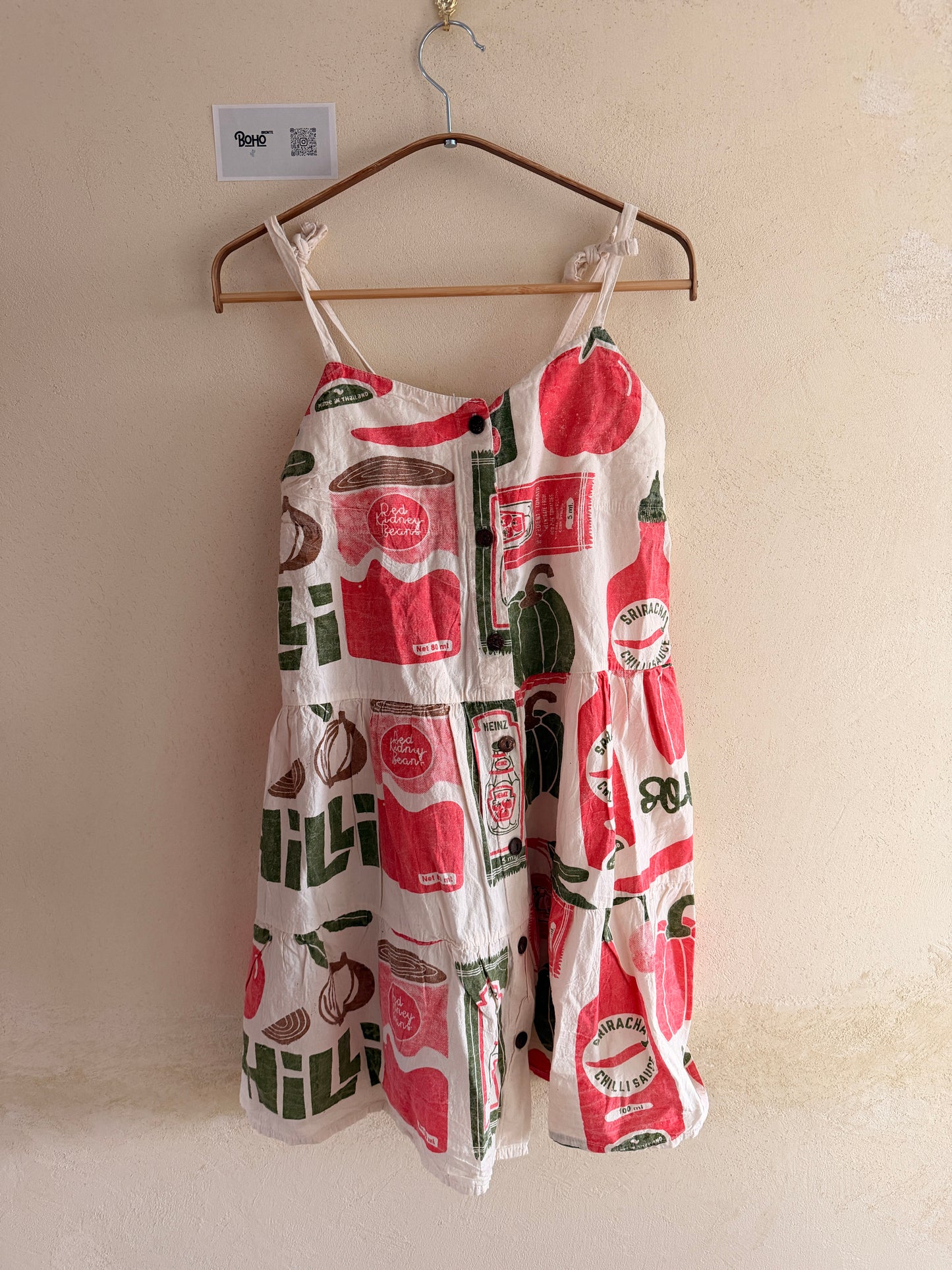 Vintage Swan Print Washed Cotton Strappy Dress – Adjustable, One Size
