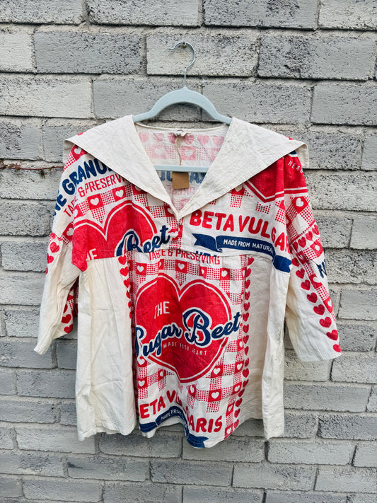 Vintage Sailor Collar Graphic Top – Retro Farm Label Collection