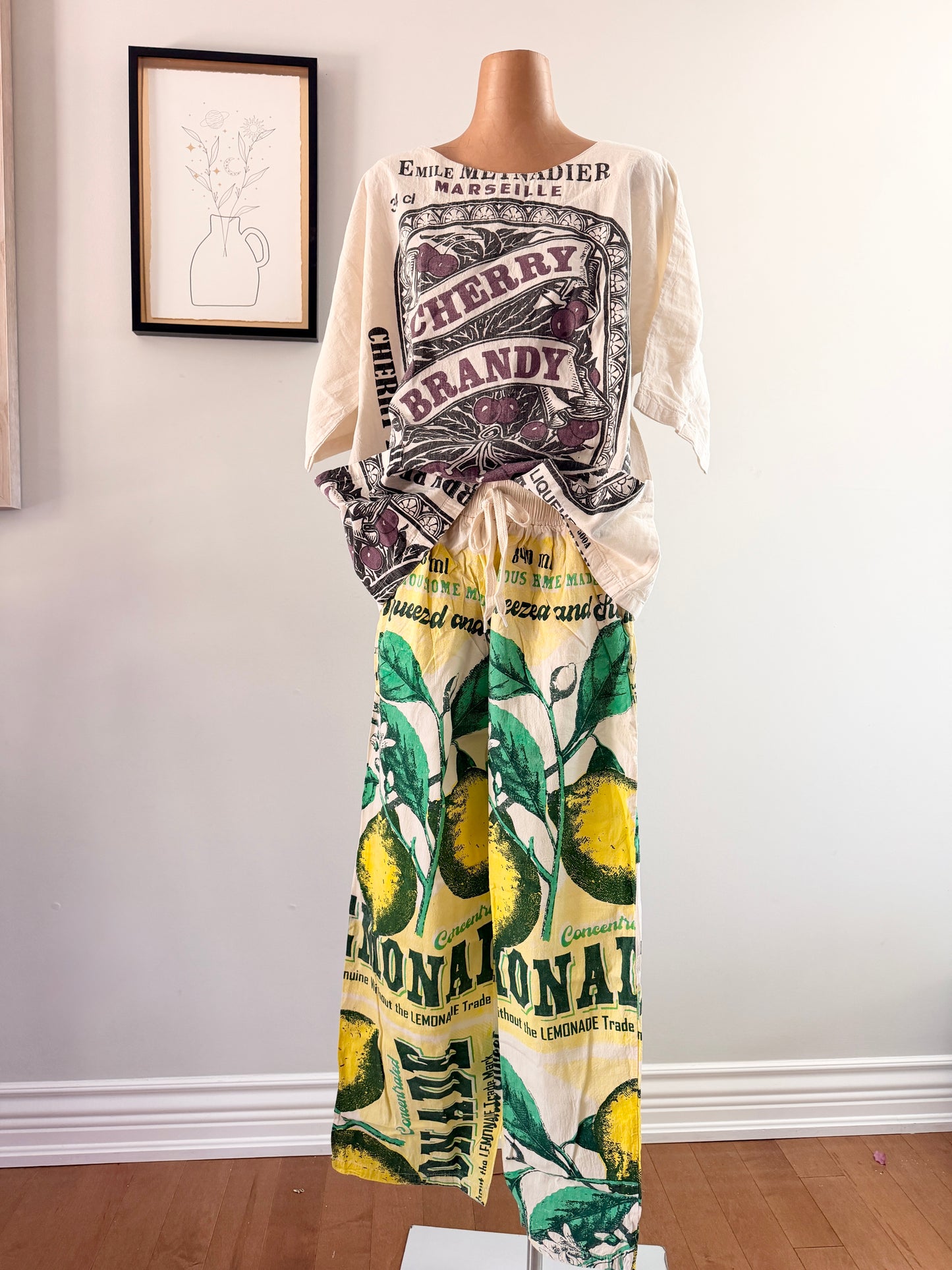 Thai Handmade Lemon/Magnolia Prints Wide Leg Pants