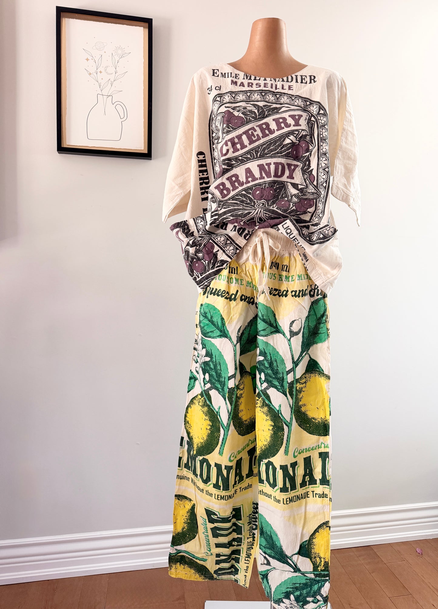 Thai Handmade Lemon/Magnolia Prints Wide Leg Pants