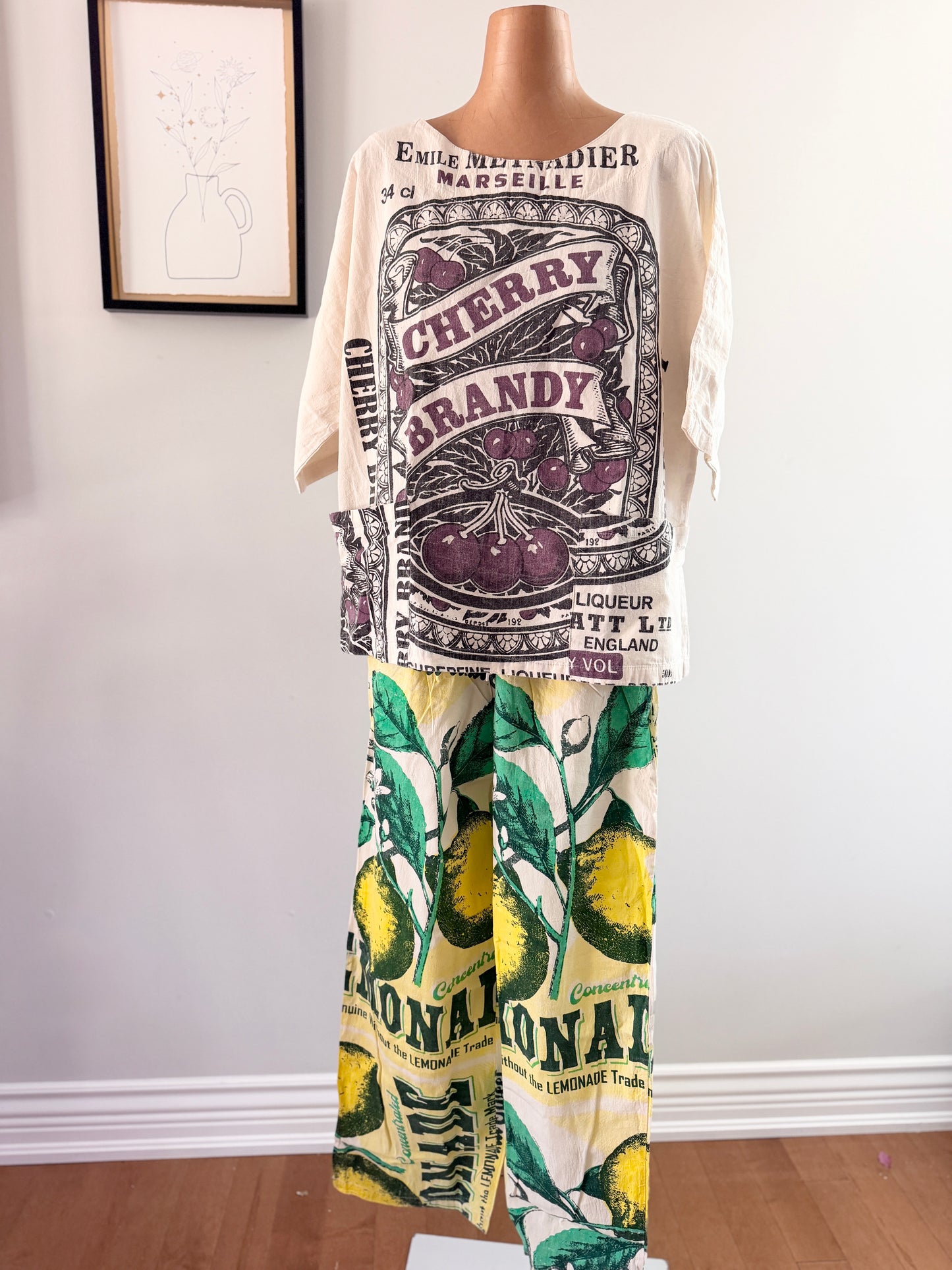 Thai Handmade Lemon/Magnolia Prints Wide Leg Pants
