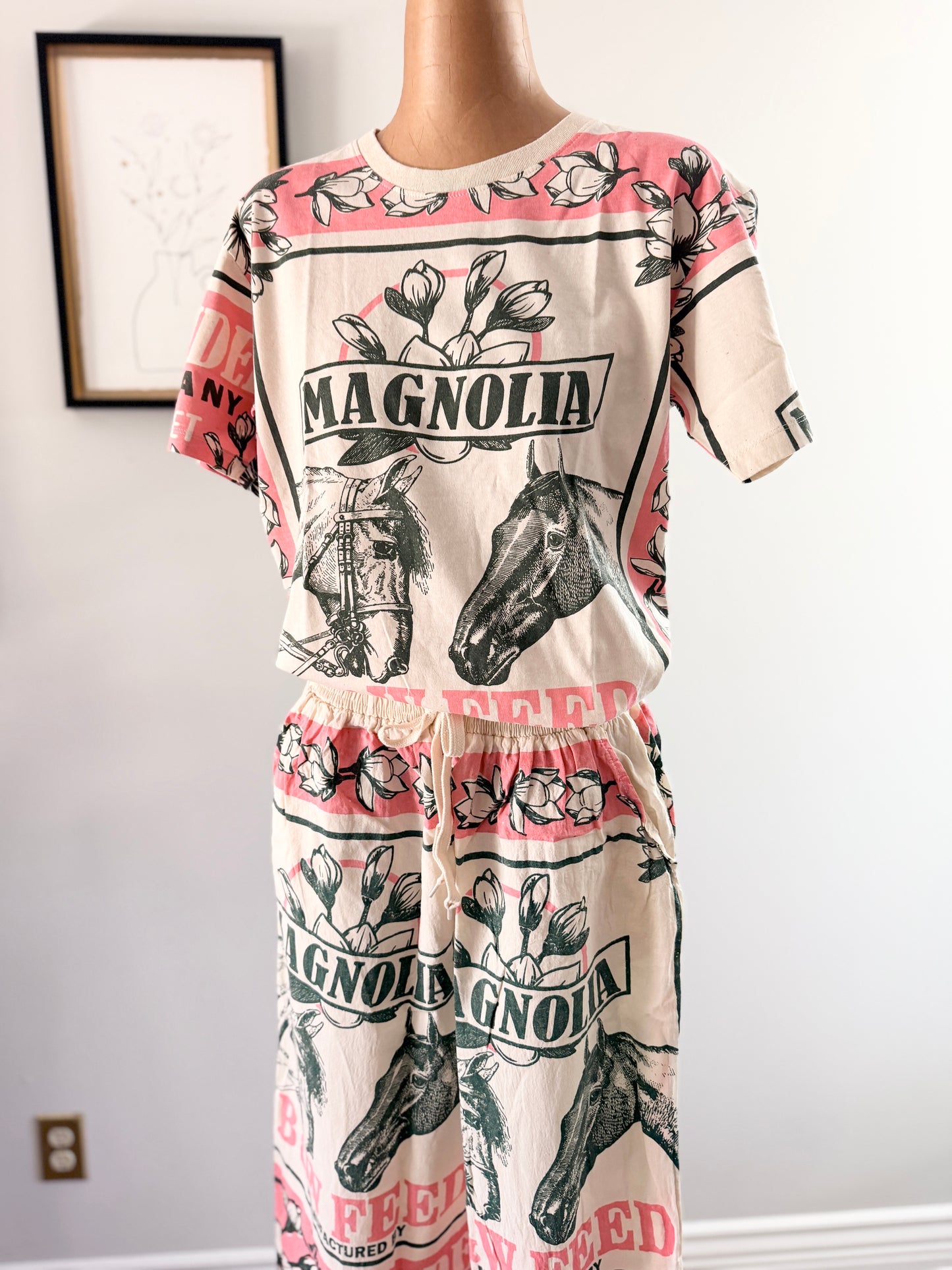 Thai Handmade Lemon/Magnolia Prints Wide Leg Pants