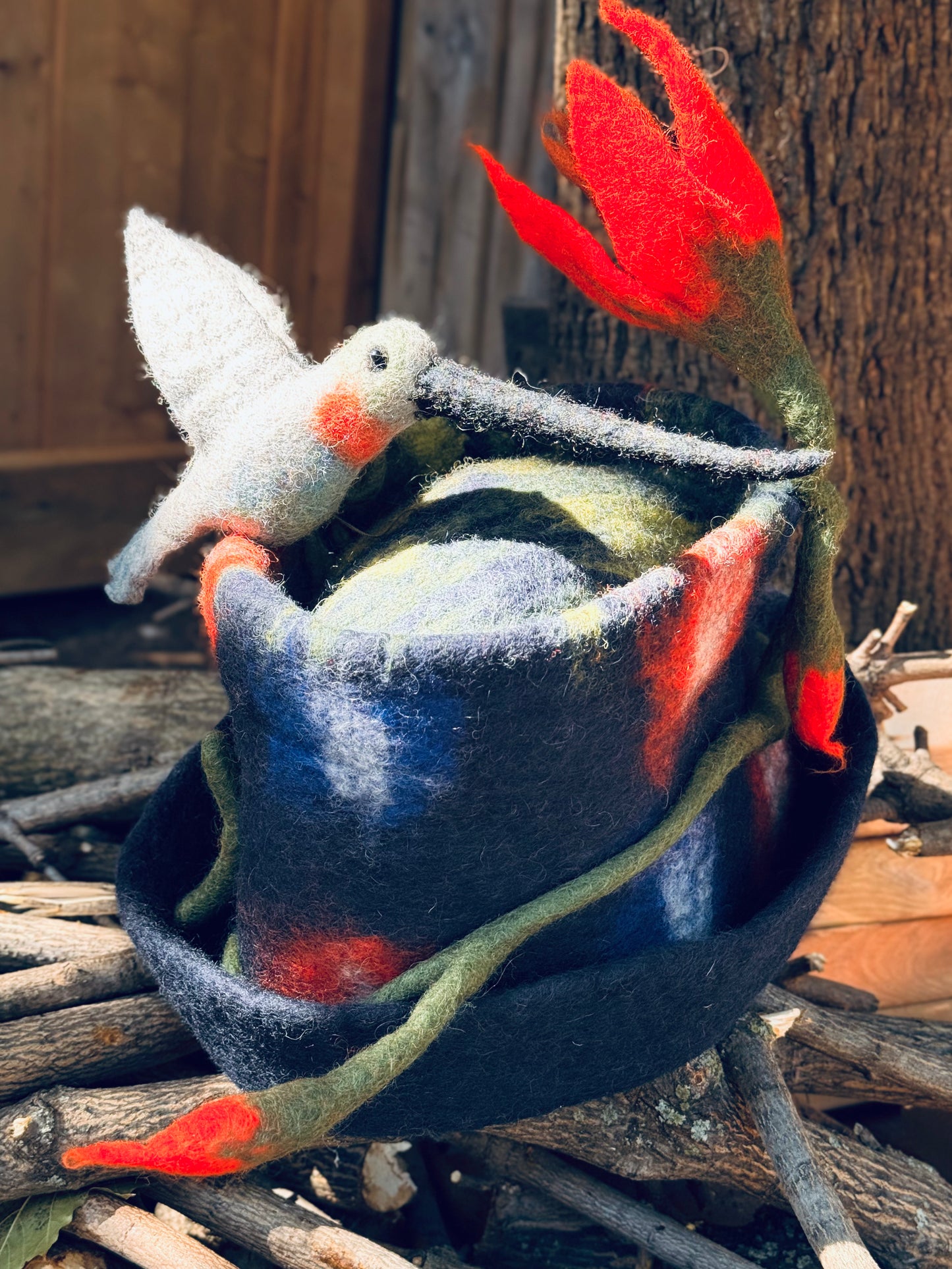 Hummingbird & Flame Flower Felt Hat – Handmade in Nepal from 100% Wool