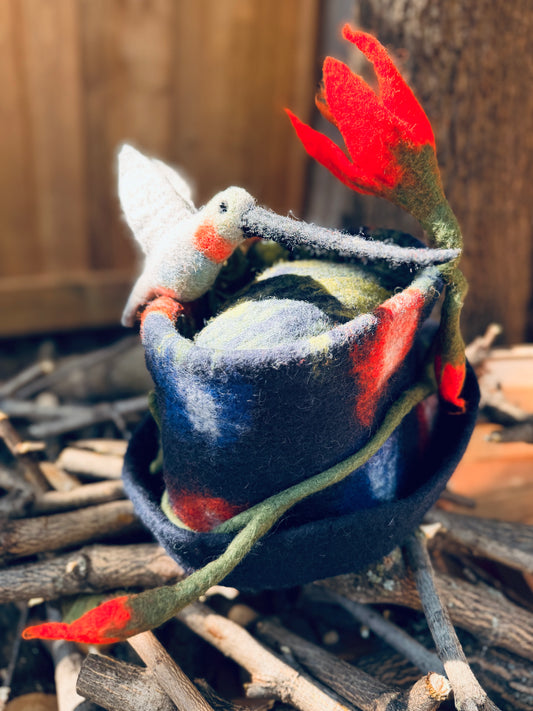 Hummingbird & Flame Flower Felt Hat – Handmade in Nepal from 100% Wool