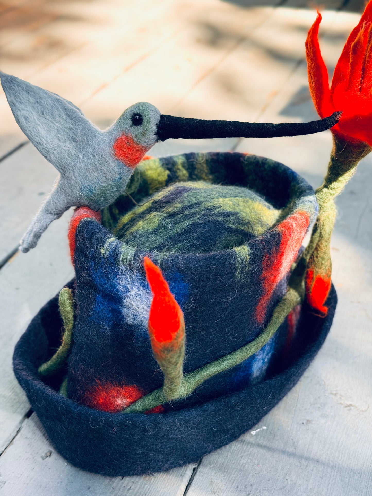 Hummingbird & Flame Flower Felt Hat – Handmade in Nepal from 100% Wool