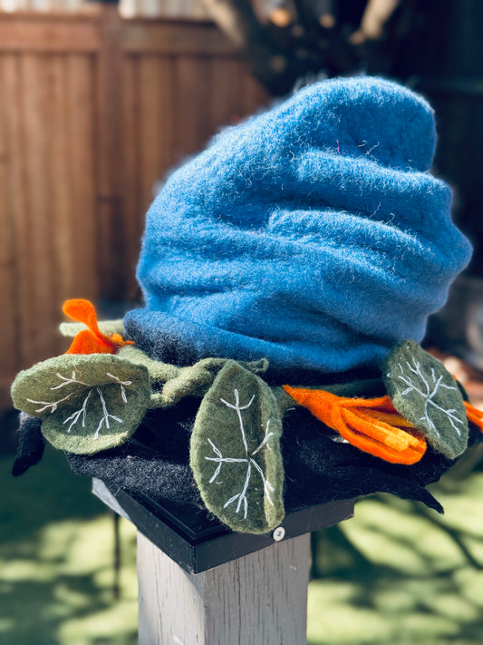 Blue Garden Felt Hat with Flowers – Handmade in Nepal from 100% Wool