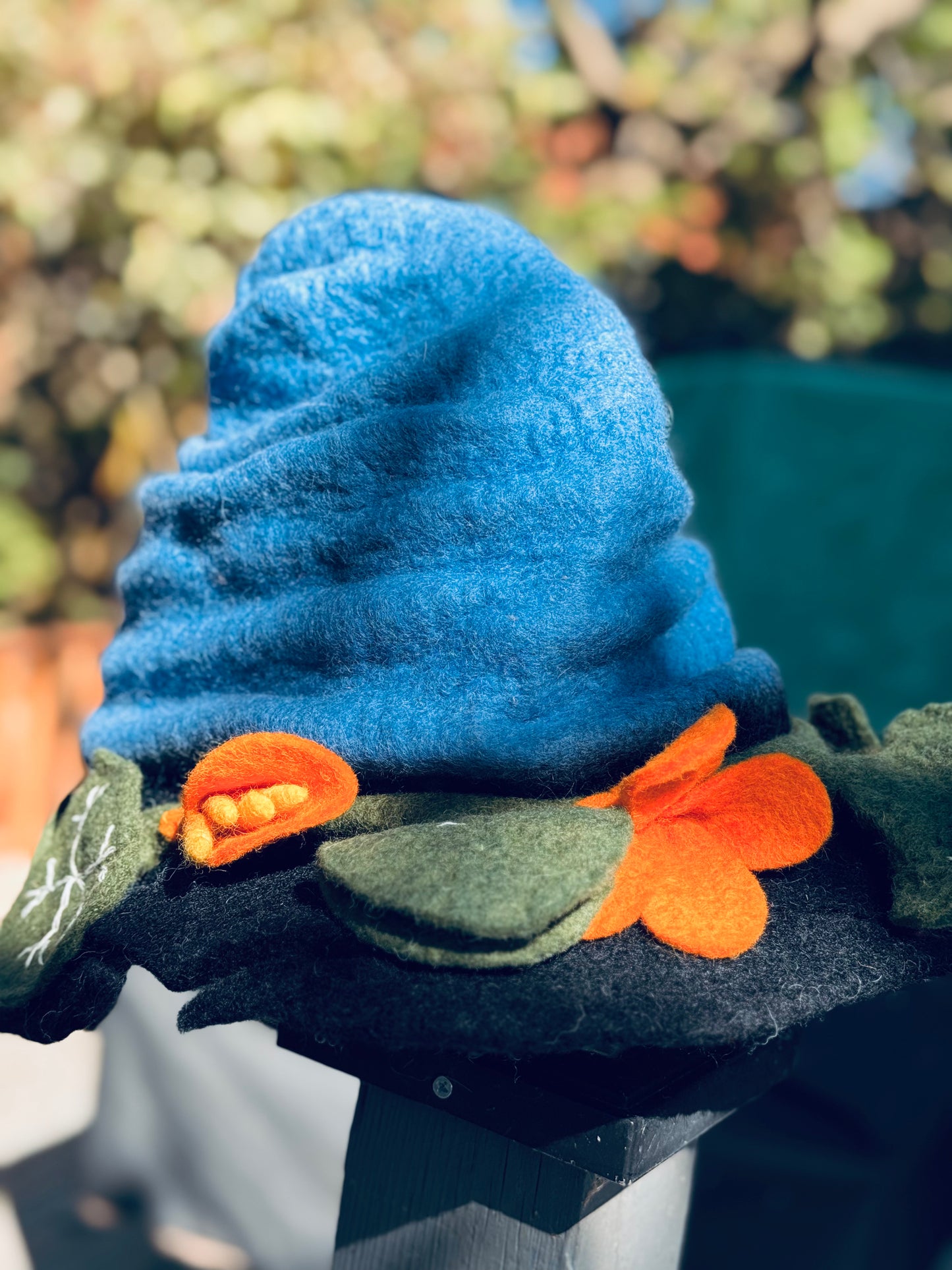 Blue Garden Felt Hat with Flowers – Handmade in Nepal from 100% Wool
