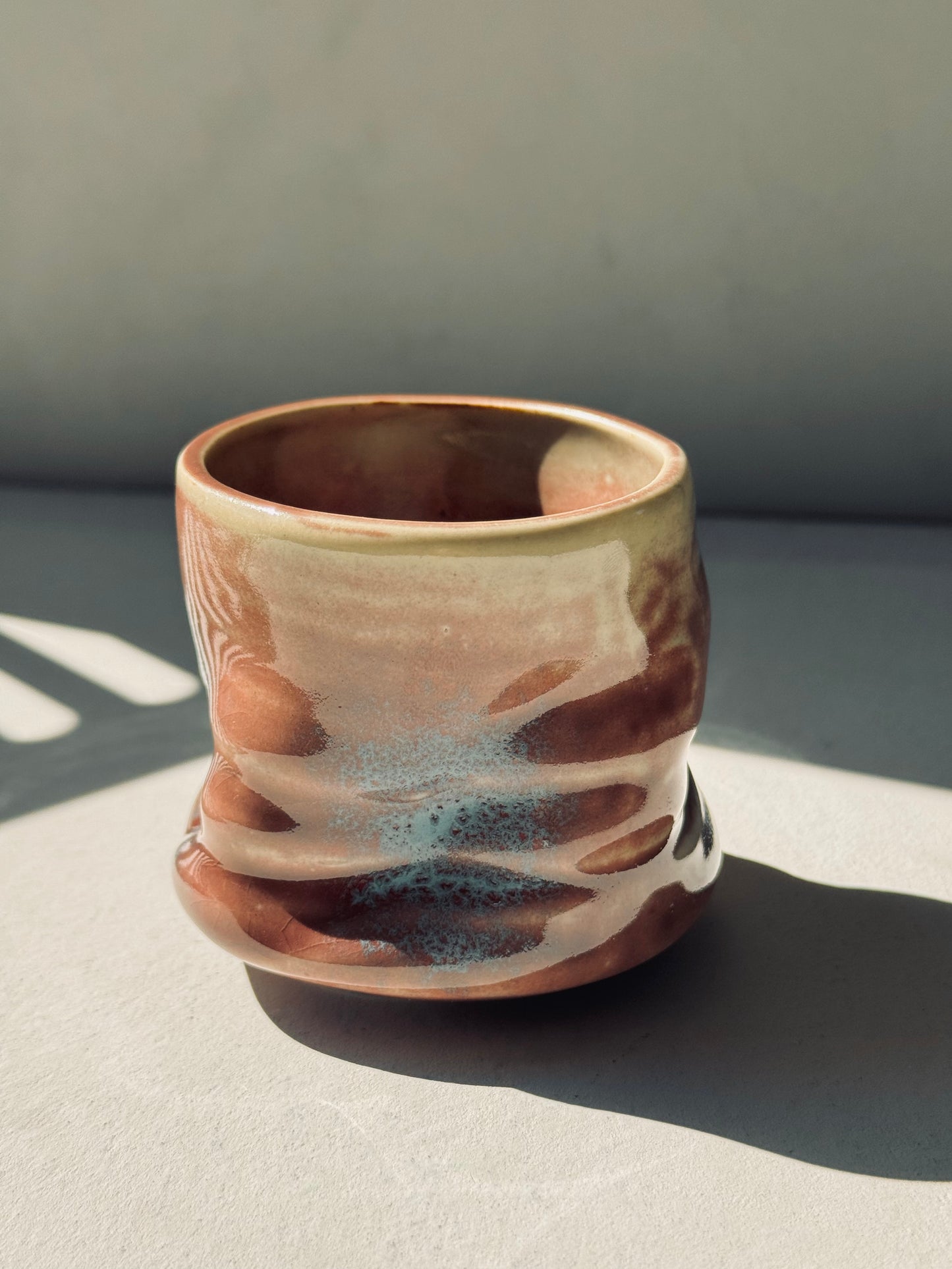 Rustic Wavy Stoneware Cup – Red-Brown & Blue Glaze (230ml)