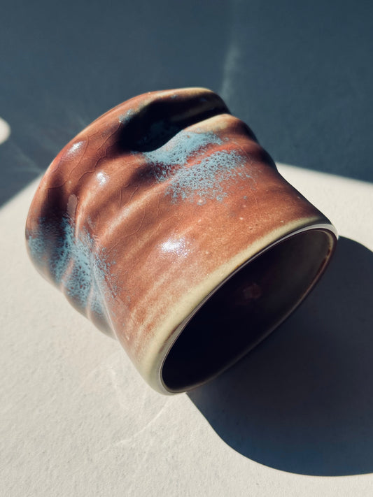 Rustic Wavy Stoneware Cup – Red-Brown & Blue Glaze (230ml)