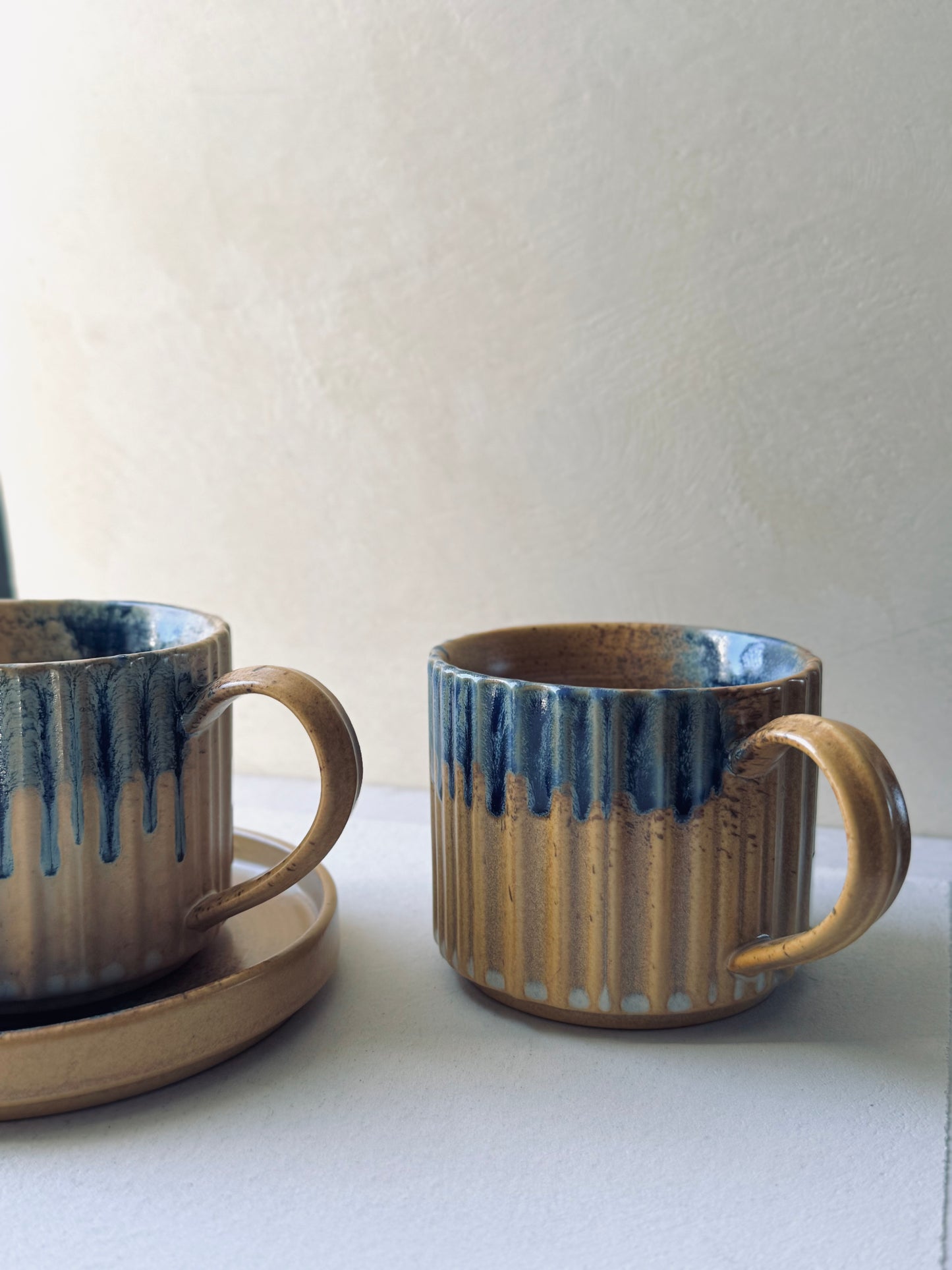 Beige & Blue Drip Glaze Cup & Saucer Set – 230ml