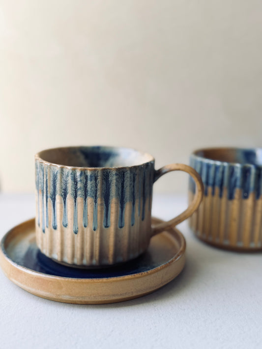Beige & Blue Drip Glaze Cup & Saucer Set – 230ml