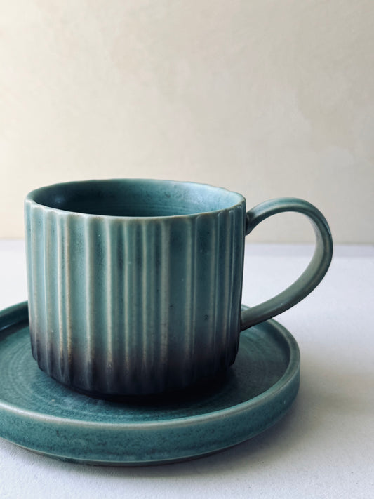 Green Ribbed Ceramic Cup & Saucer Set – 230ml