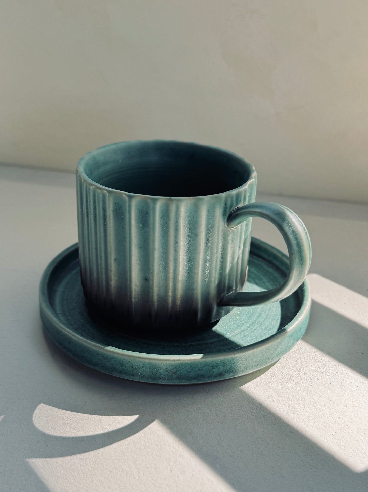 Green Ribbed Ceramic Cup & Saucer Set – 230ml