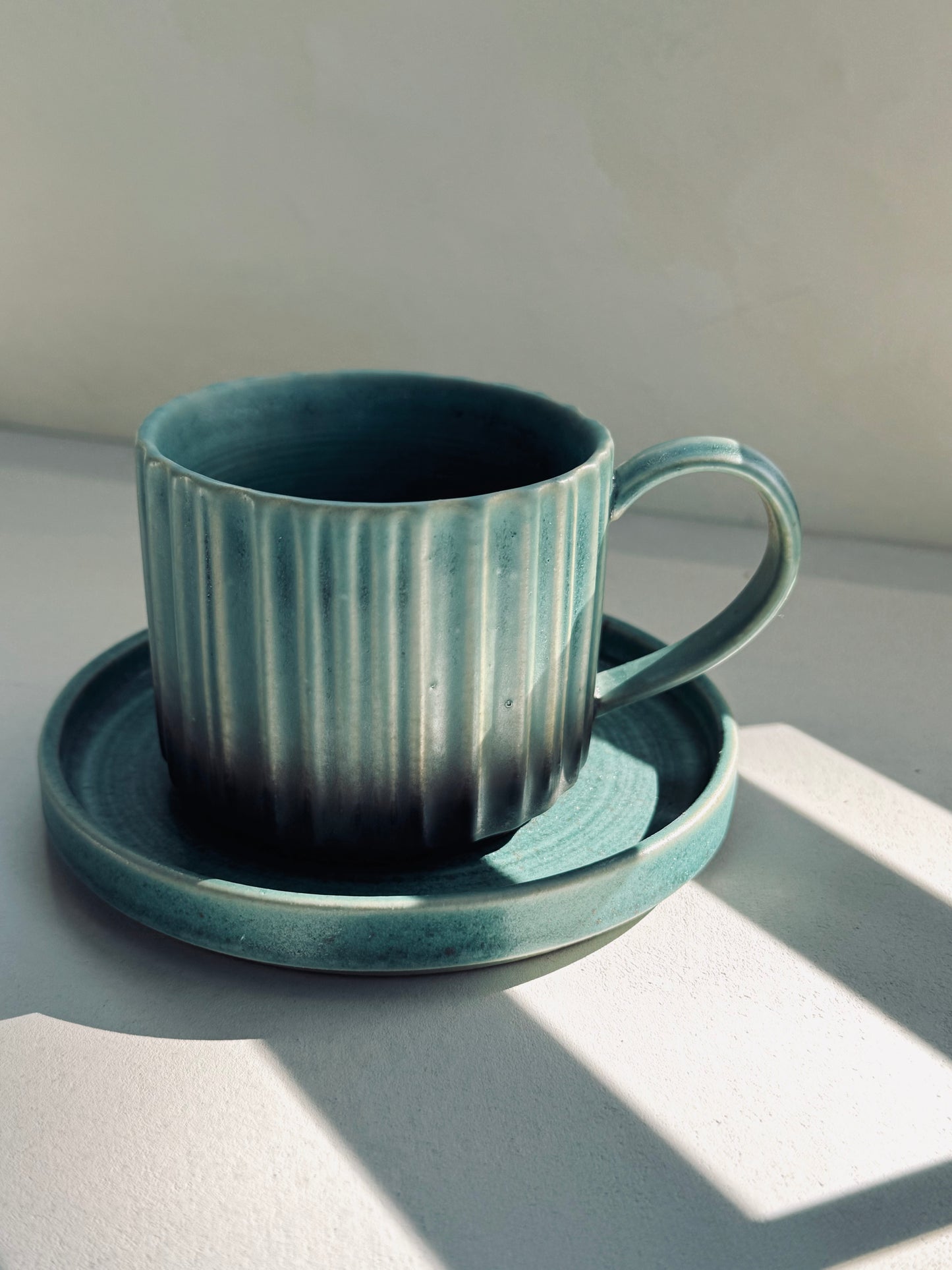 Green Ribbed Ceramic Cup & Saucer Set – 230ml