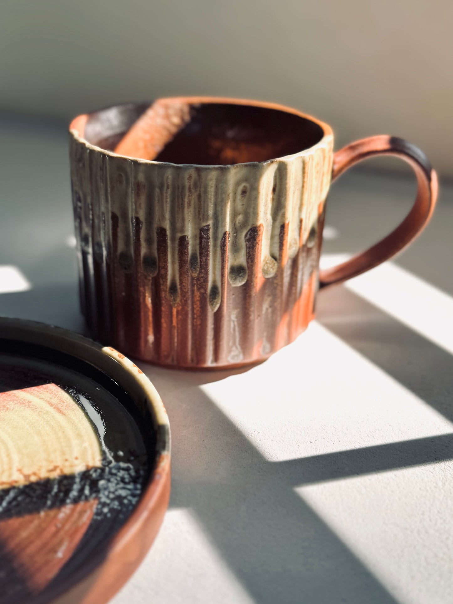 Brown Ribbed Ceramic Cup & Saucer Set – 230ml