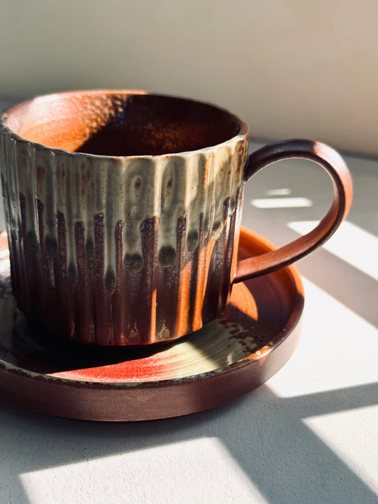 Brown Ribbed Ceramic Cup & Saucer Set – 230ml
