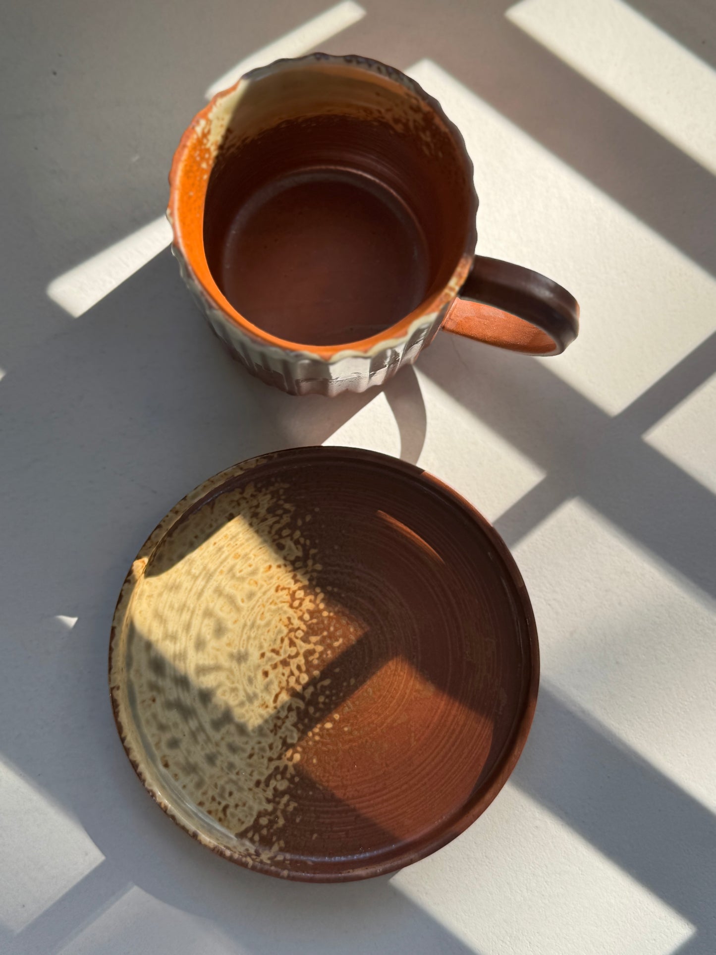 Brown Ribbed Ceramic Cup & Saucer Set – 230ml