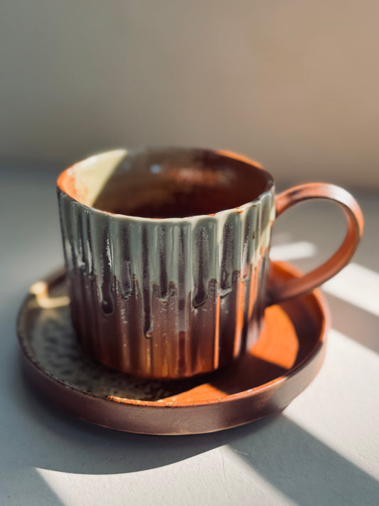 Rustic Brown & Cream Ceramic Mug with Saucer – 230ml