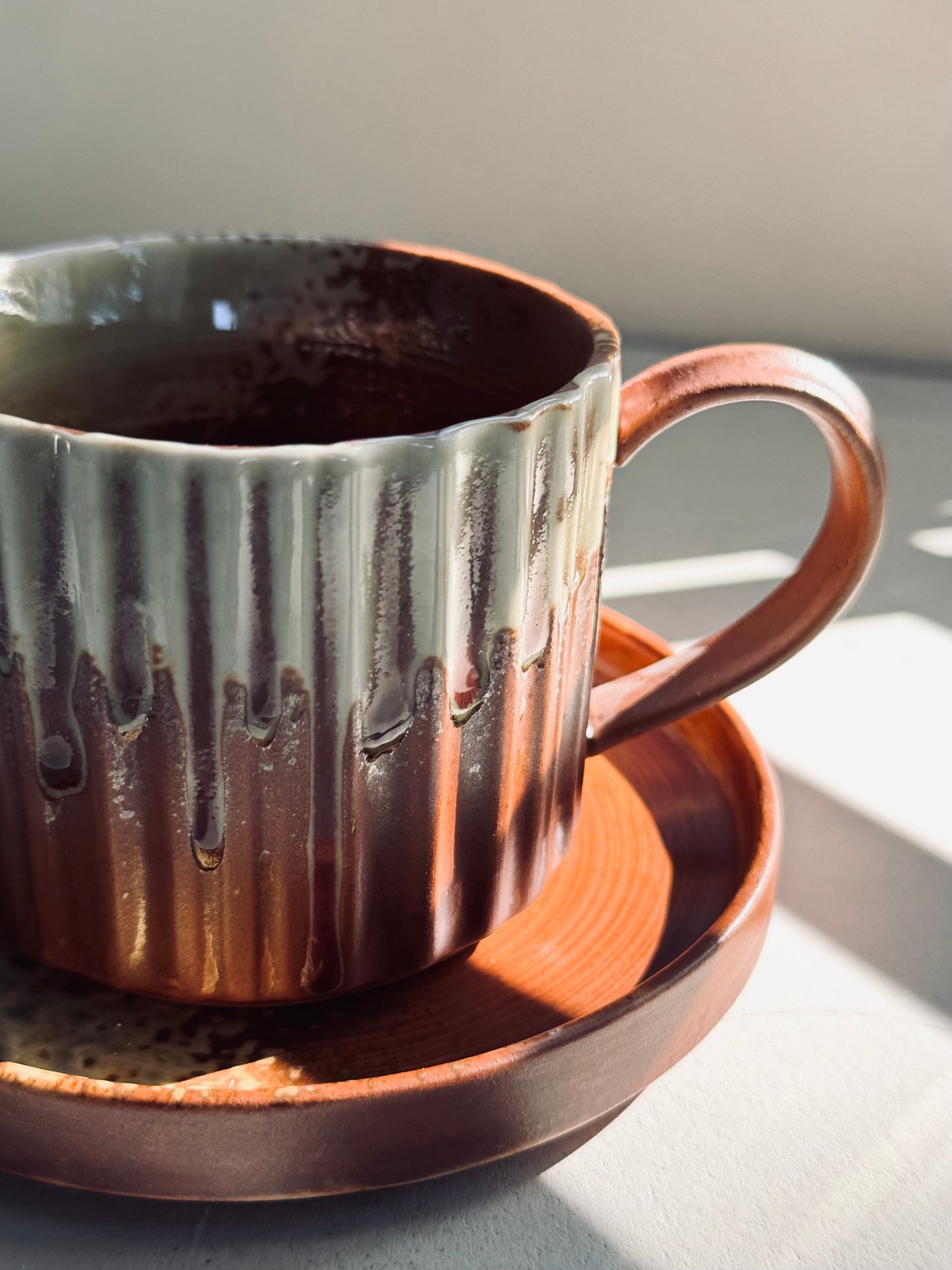 Rustic Brown & Cream Ceramic Mug with Saucer – 230ml