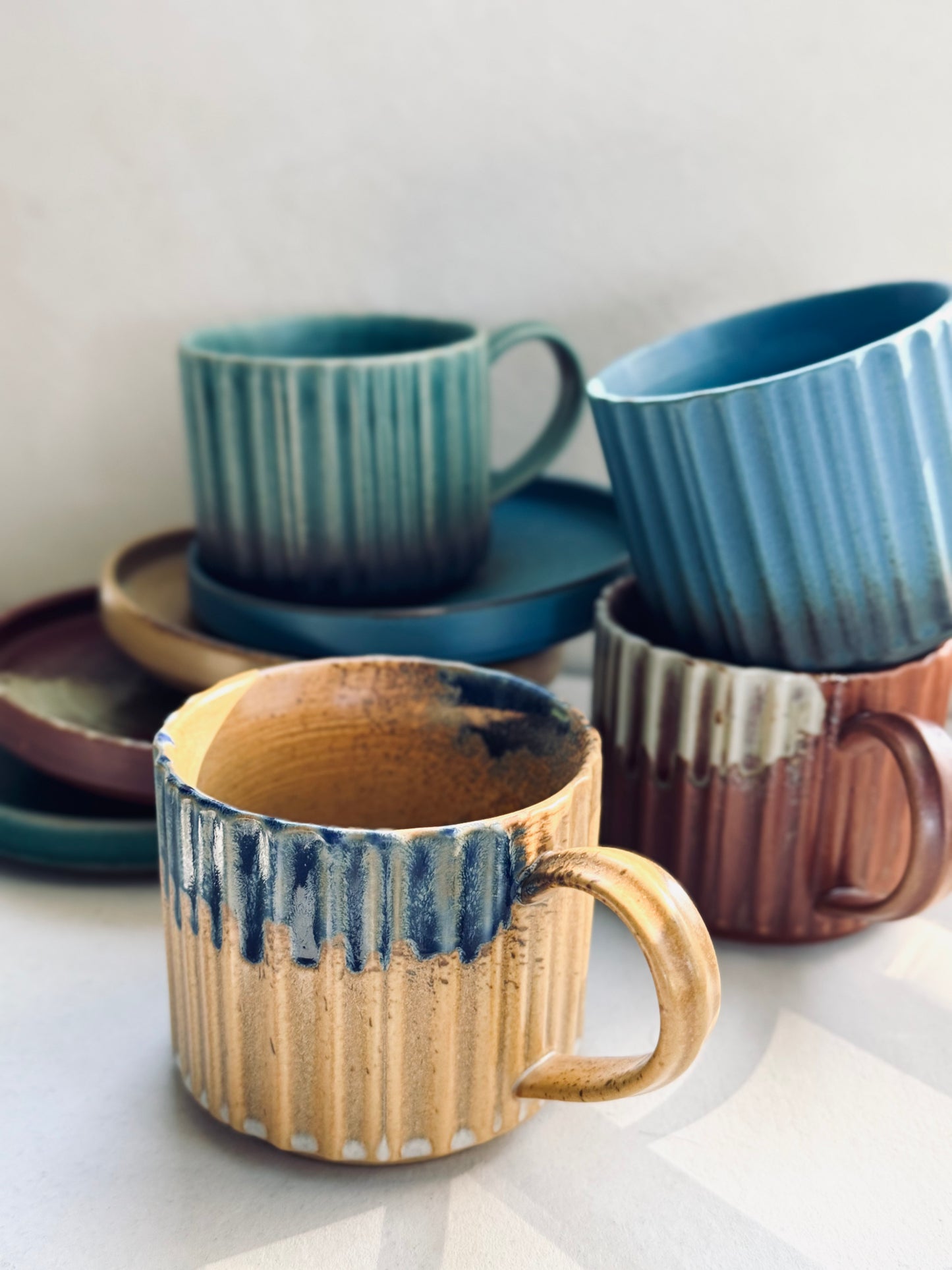 Beige & Blue Drip Glaze Cup & Saucer Set – 230ml