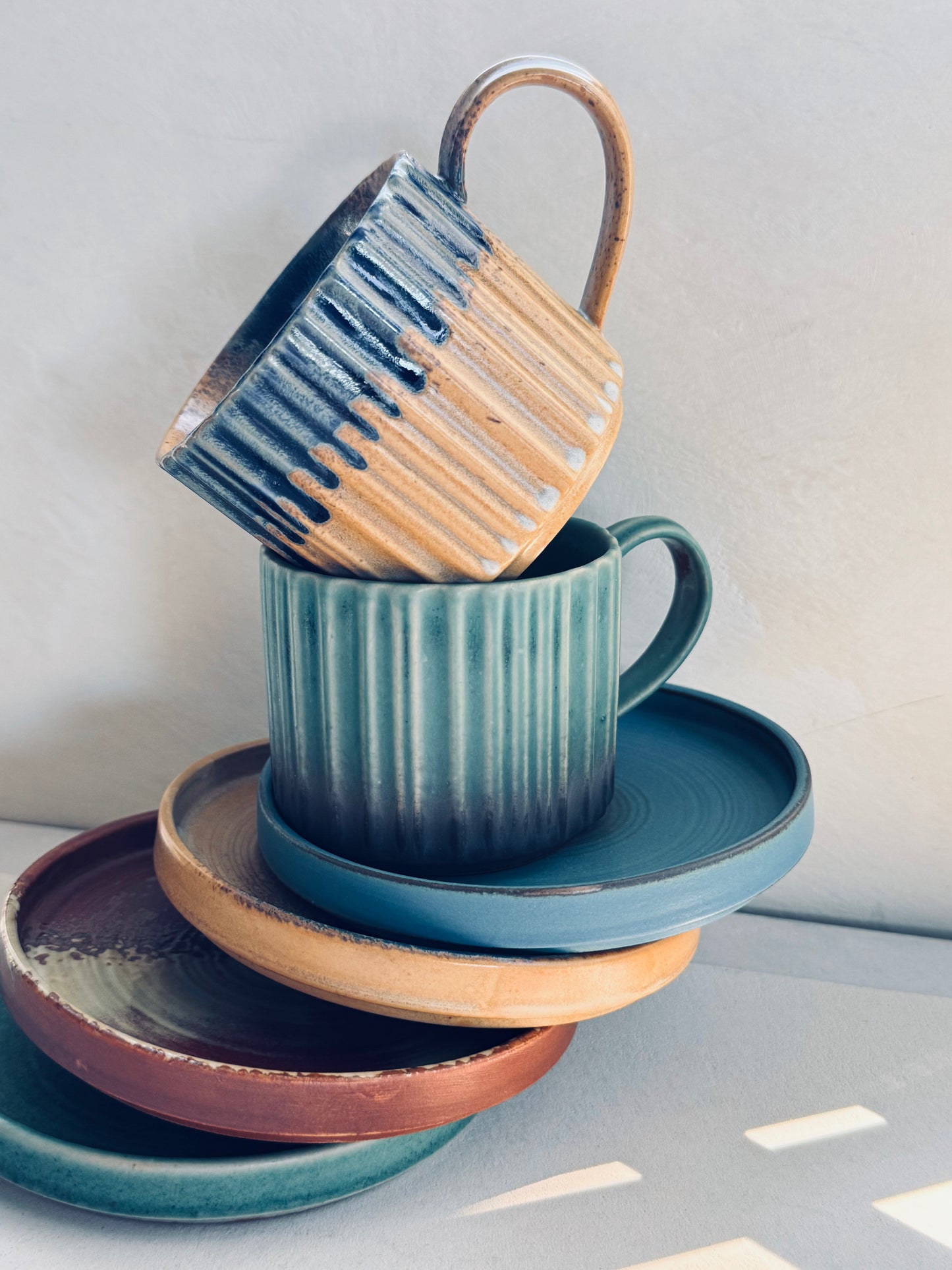 Beige & Blue Drip Glaze Cup & Saucer Set – 230ml