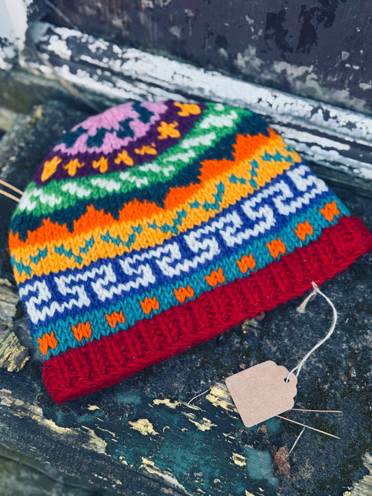 🏔️ “Mountain Mosaic” Wool Knit Hat – Handmade in Nepal 🇳🇵