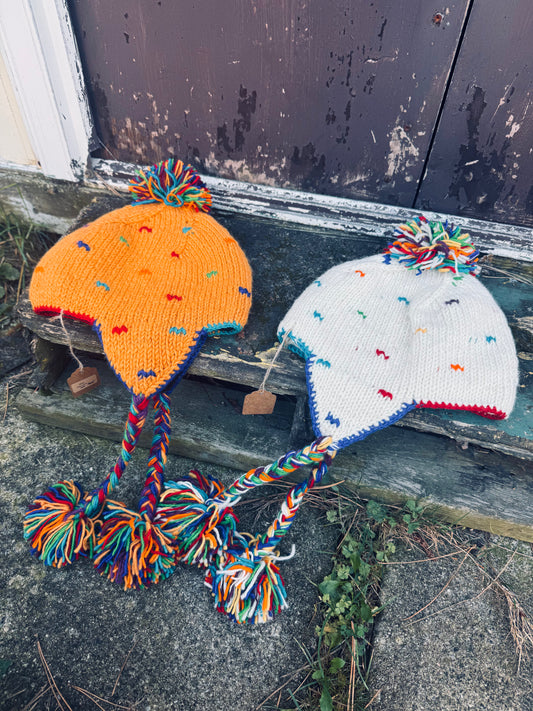 🧡 “Snow Carnival” Wool Earflap Hat – Handmade in Nepal 🇳🇵