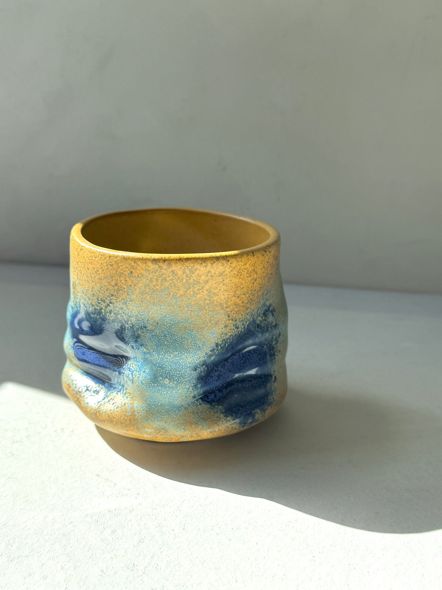 Rustic Wavy Stoneware Cup –Yellow & Blue Glaze (230ml)