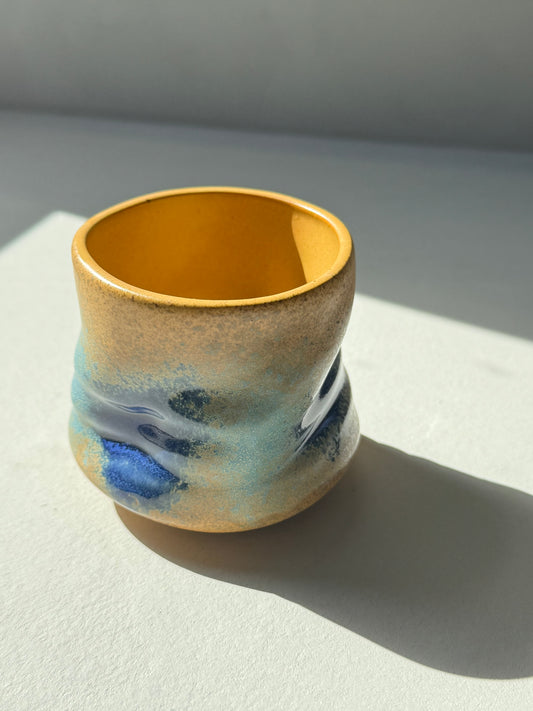 Rustic Wavy Stoneware Cup –Yellow & Blue Glaze (230ml)