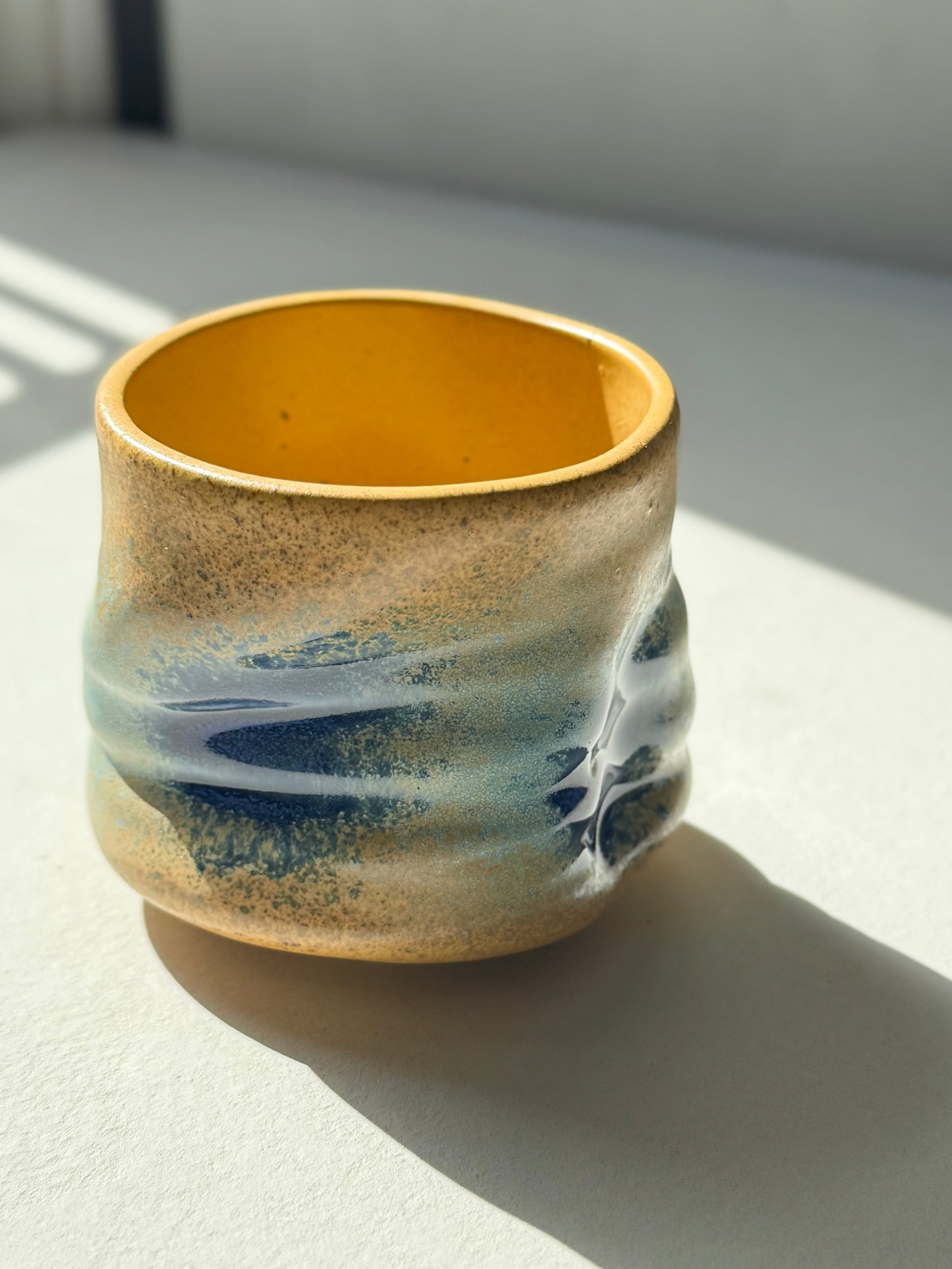 Rustic Wavy Stoneware Cup –Yellow & Blue Glaze (230ml)