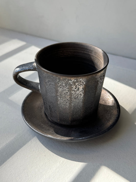 Artisan Coffee Cup & Saucer – Black Metallic Edition