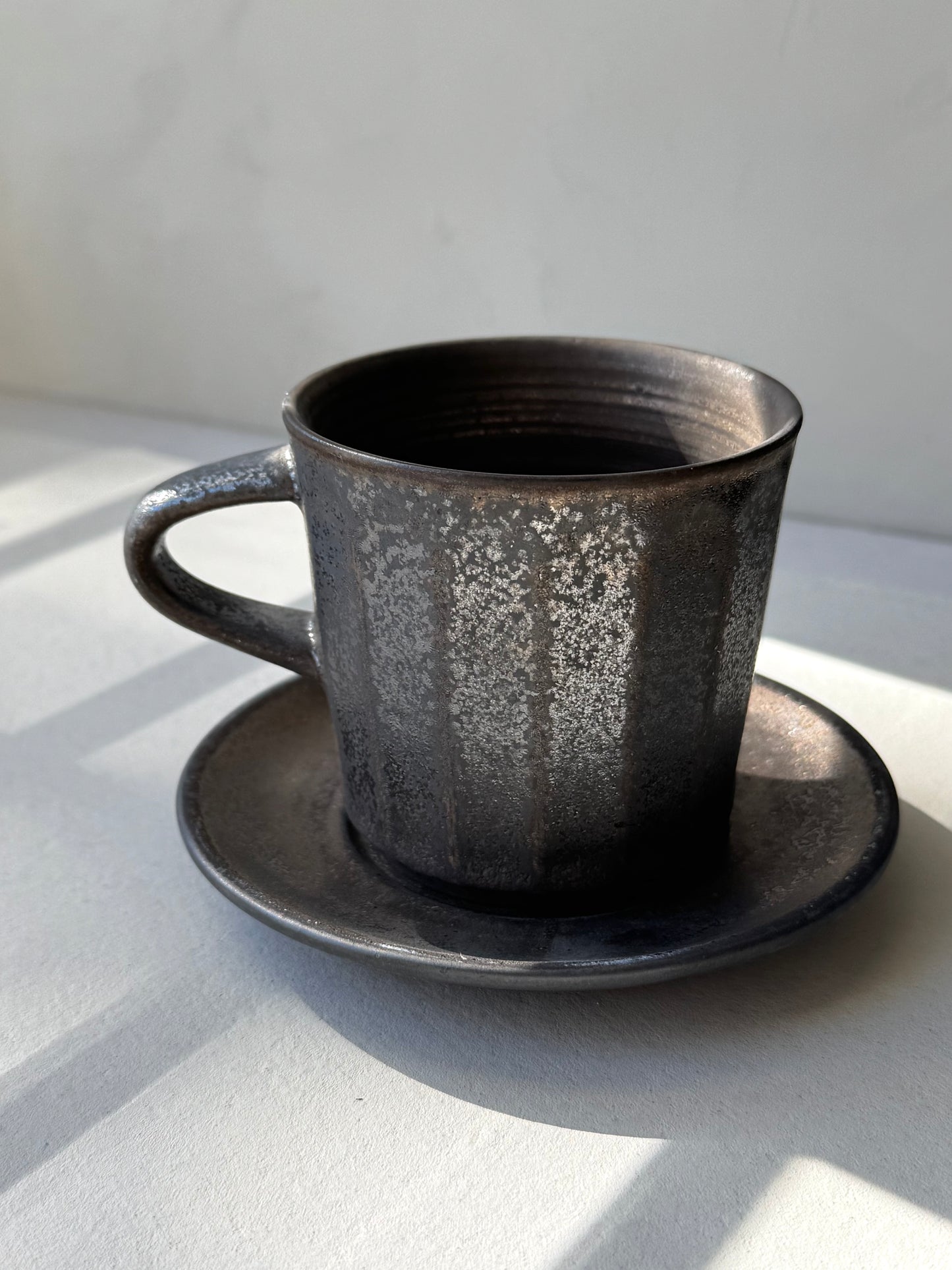 Artisan Coffee Cup & Saucer – Black Metallic Edition