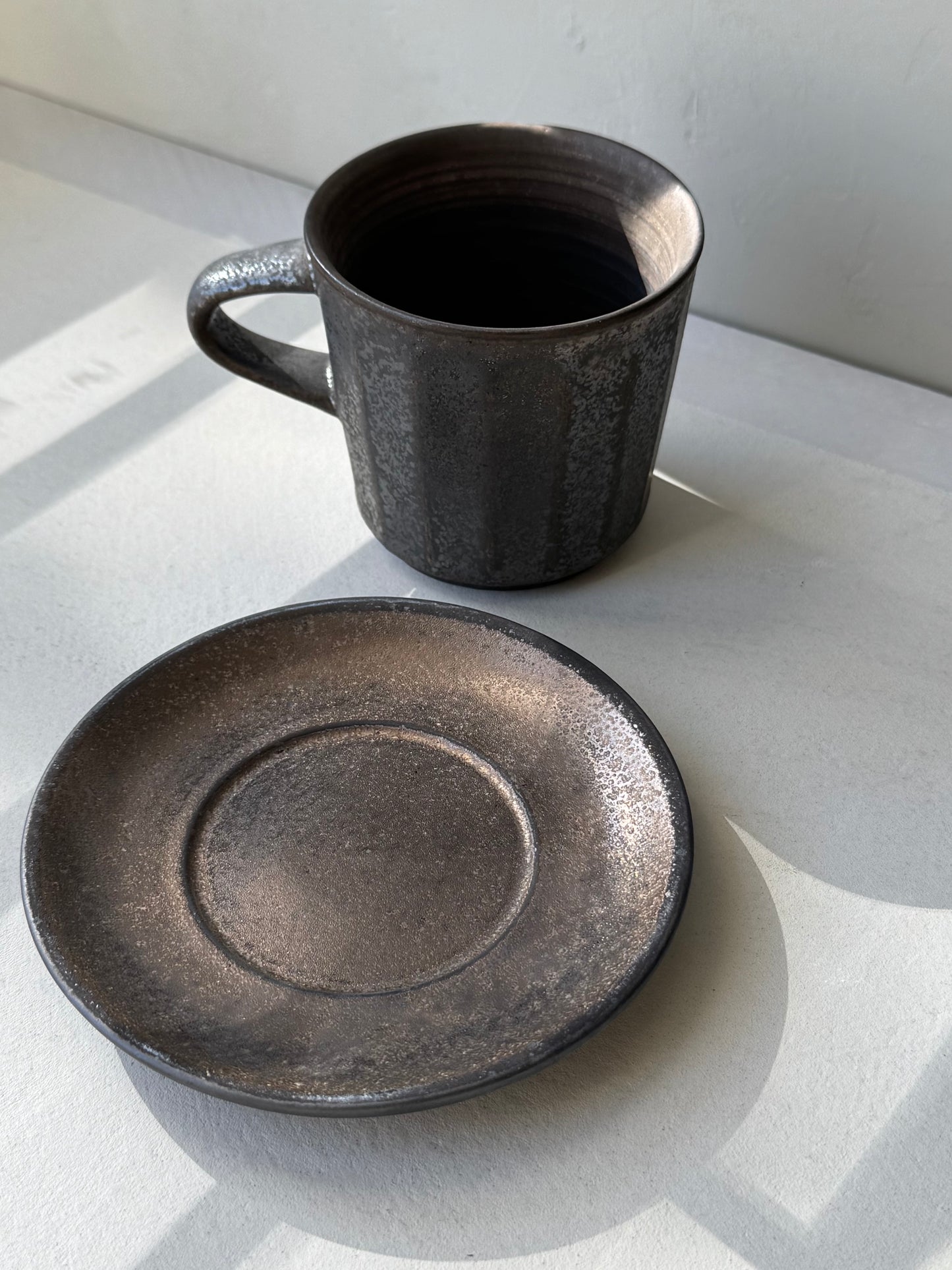 Artisan Coffee Cup & Saucer – Black Metallic Edition