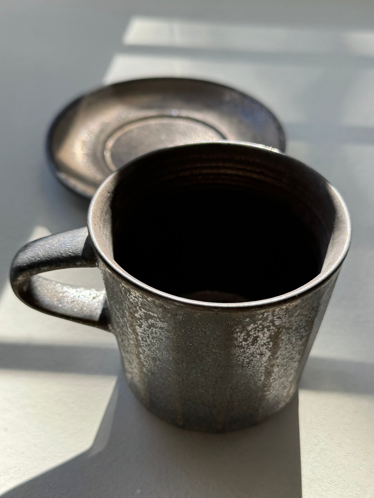 Artisan Coffee Cup & Saucer – Black Metallic Edition