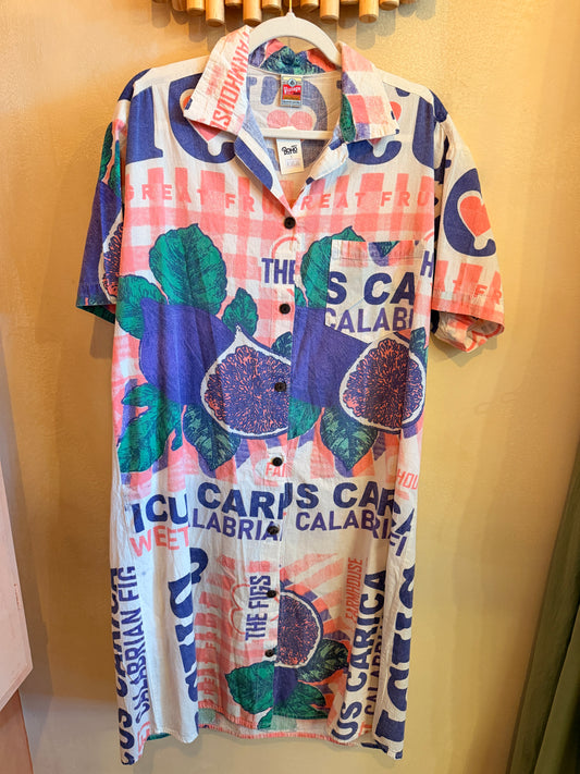 Vintage FIG Print Washed Cotton Shirt Dress – Oversized
