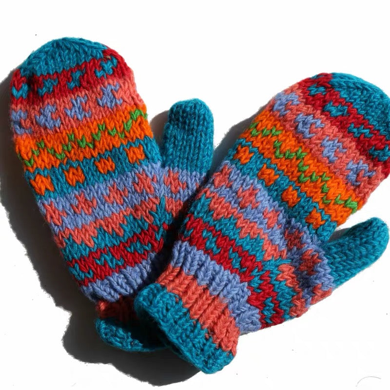 Hand Knit Wool Mittens – Fleece Lined, One of a Kind, Handmade in Nepal