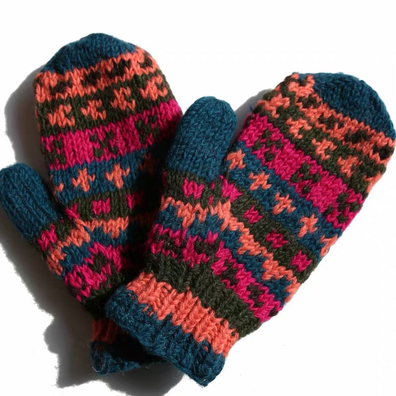 Hand Knit Wool Mittens – Fleece Lined, One of a Kind, Handmade in Nepal