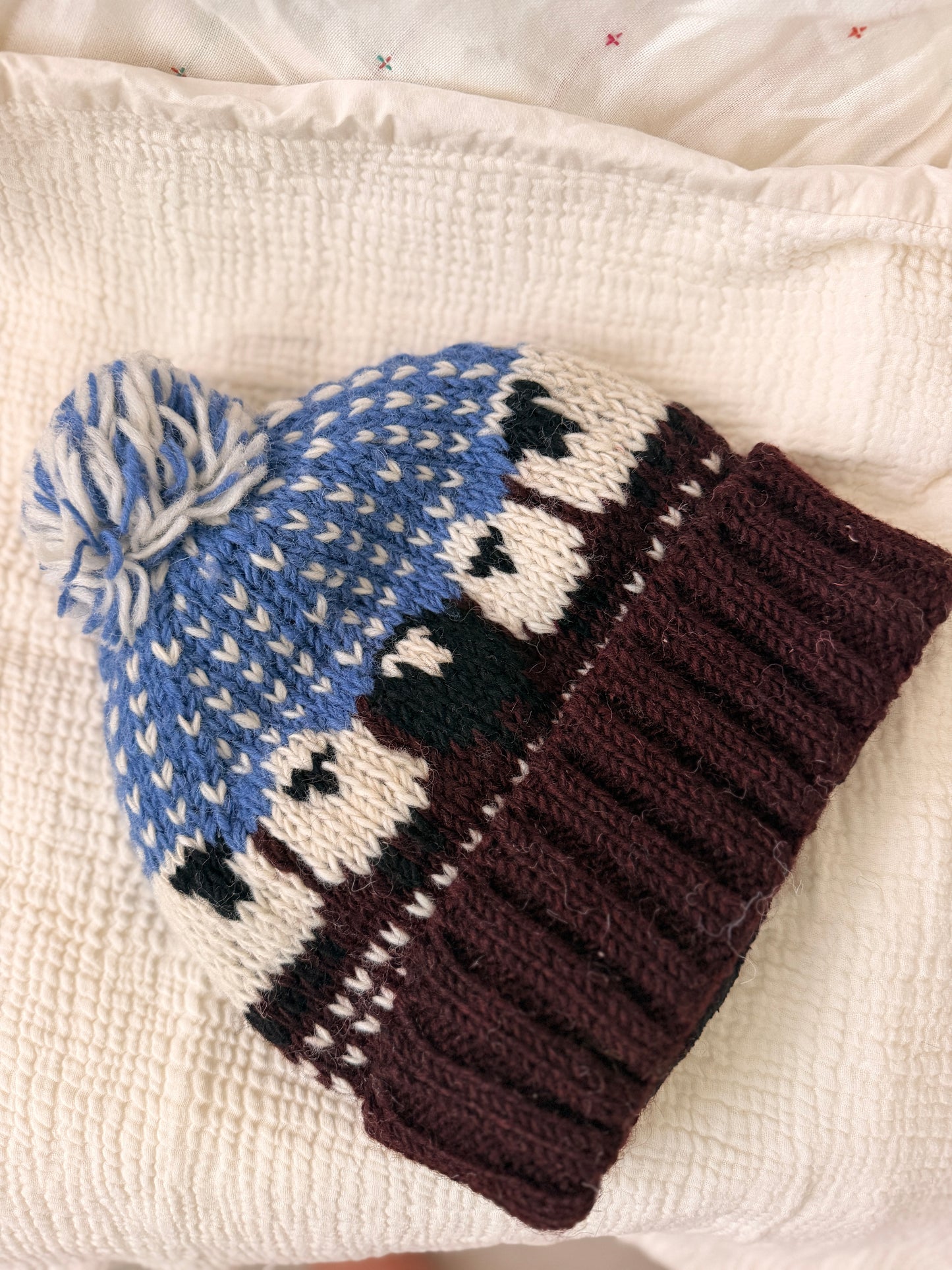 Hand Knit Wool Sheep Hat | Nepal Wool Beanie with Pom Pom | Colorful Winter Hat | Fair Isle Style Beanie | Handmade in Nepal