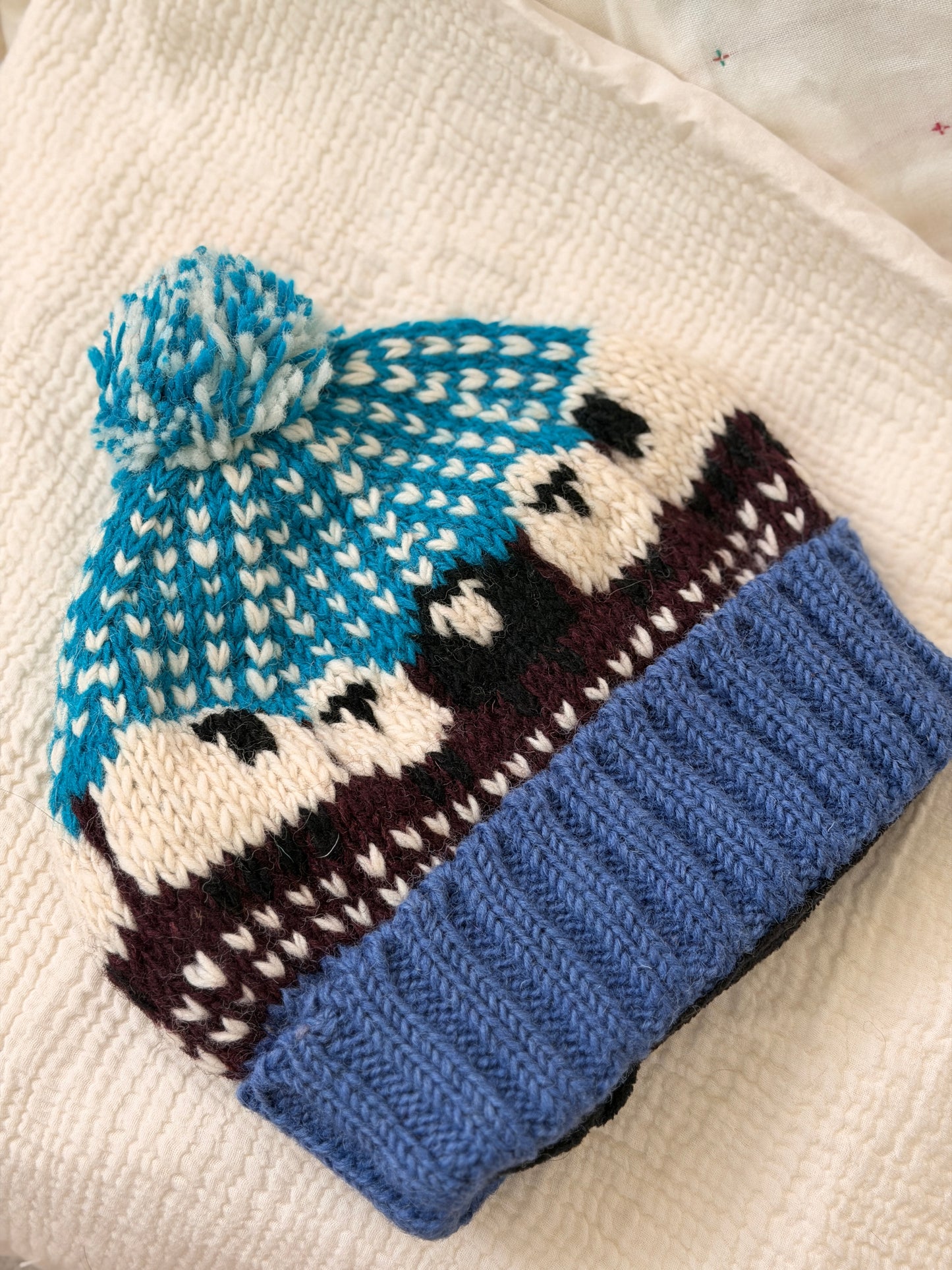 Hand Knit Wool Sheep Hat | Nepal Wool Beanie with Pom Pom | Colorful Winter Hat | Fair Isle Style Beanie | Handmade in Nepal