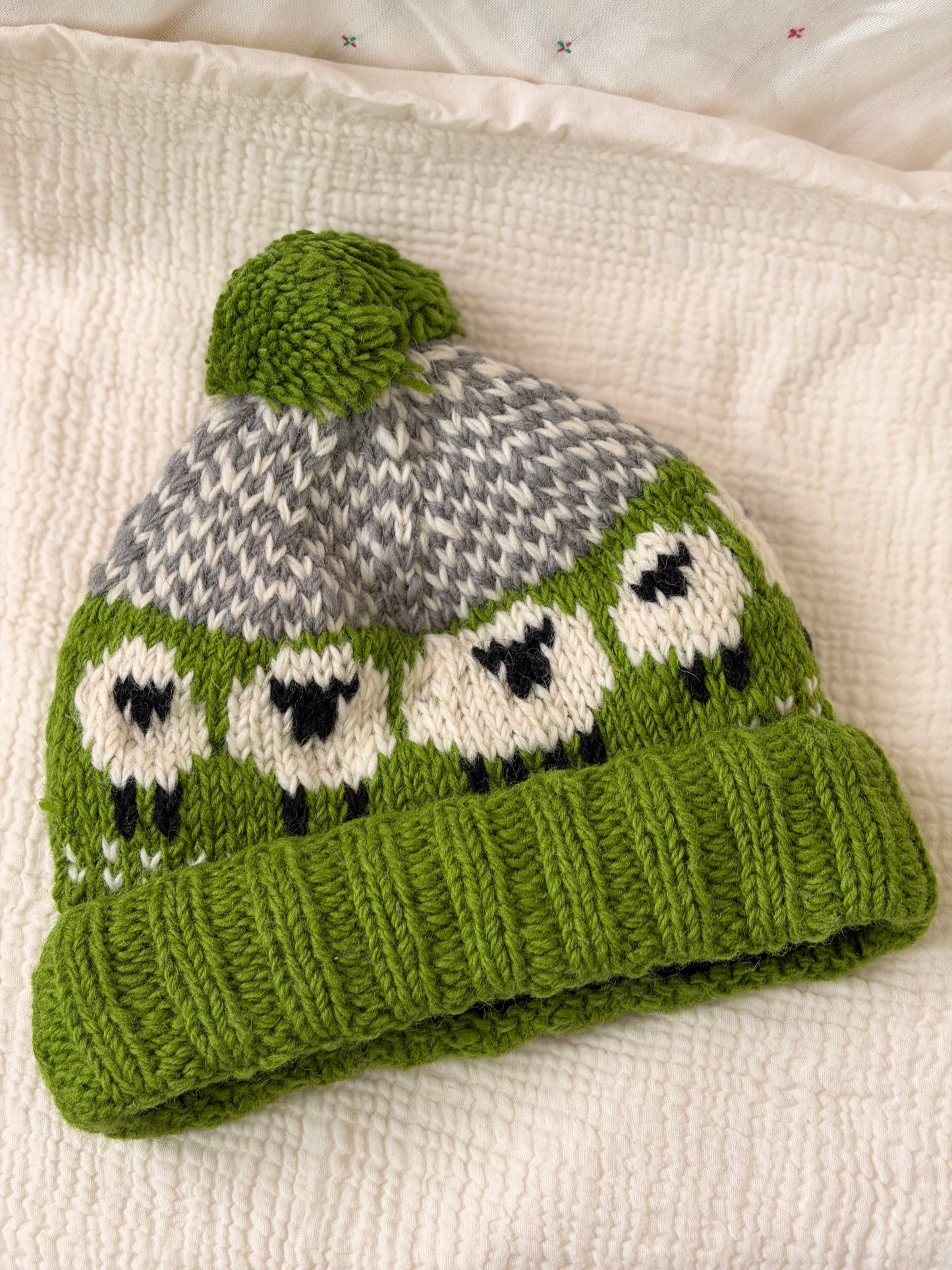 Hand Knit Wool Sheep Hat | Nepal Wool Beanie with Pom Pom | Colorful Winter Hat | Fair Isle Style Beanie | Handmade in Nepal