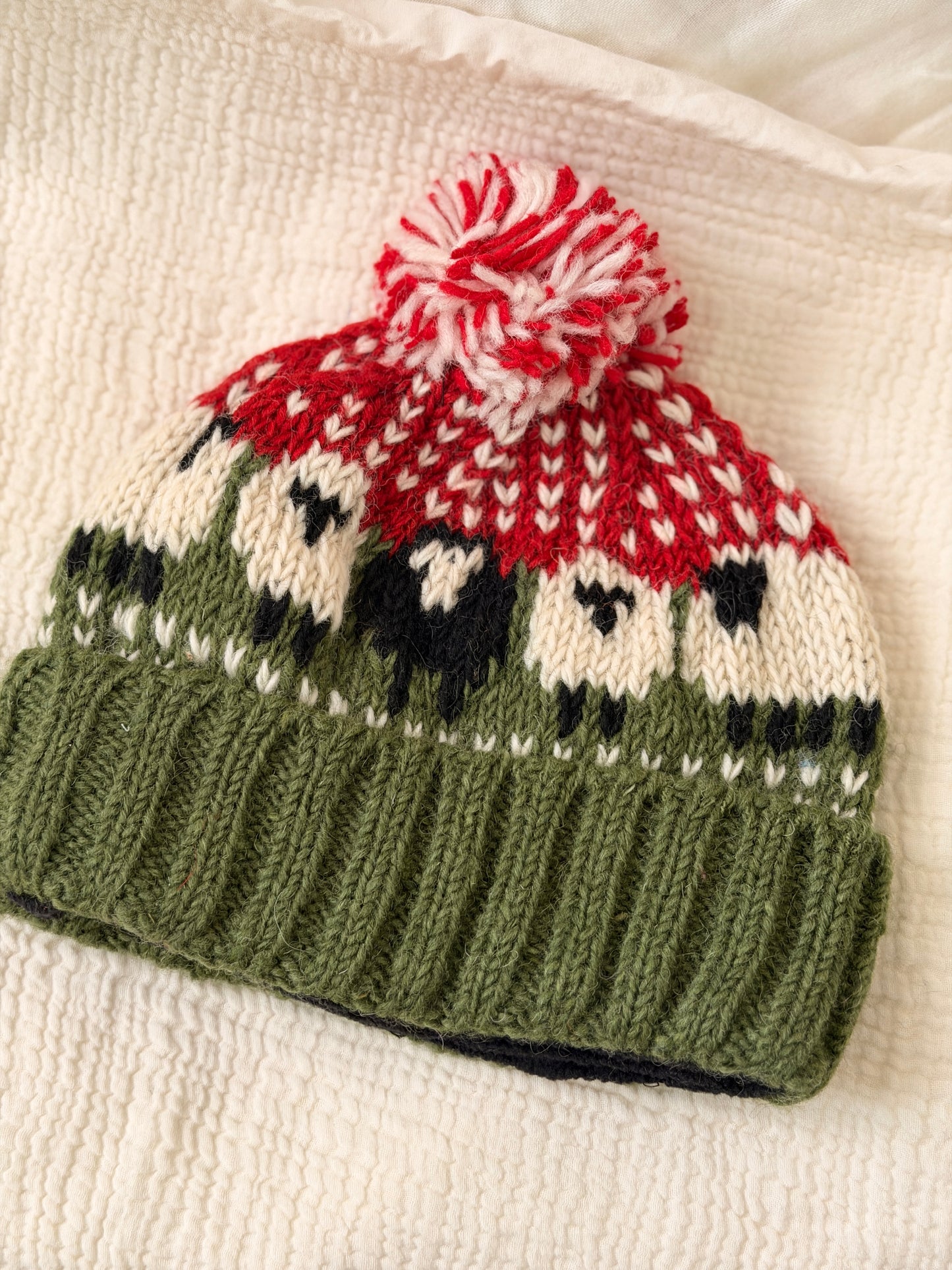 Hand Knit Wool Sheep Hat | Nepal Wool Beanie with Pom Pom | Colorful Winter Hat | Fair Isle Style Beanie | Handmade in Nepal