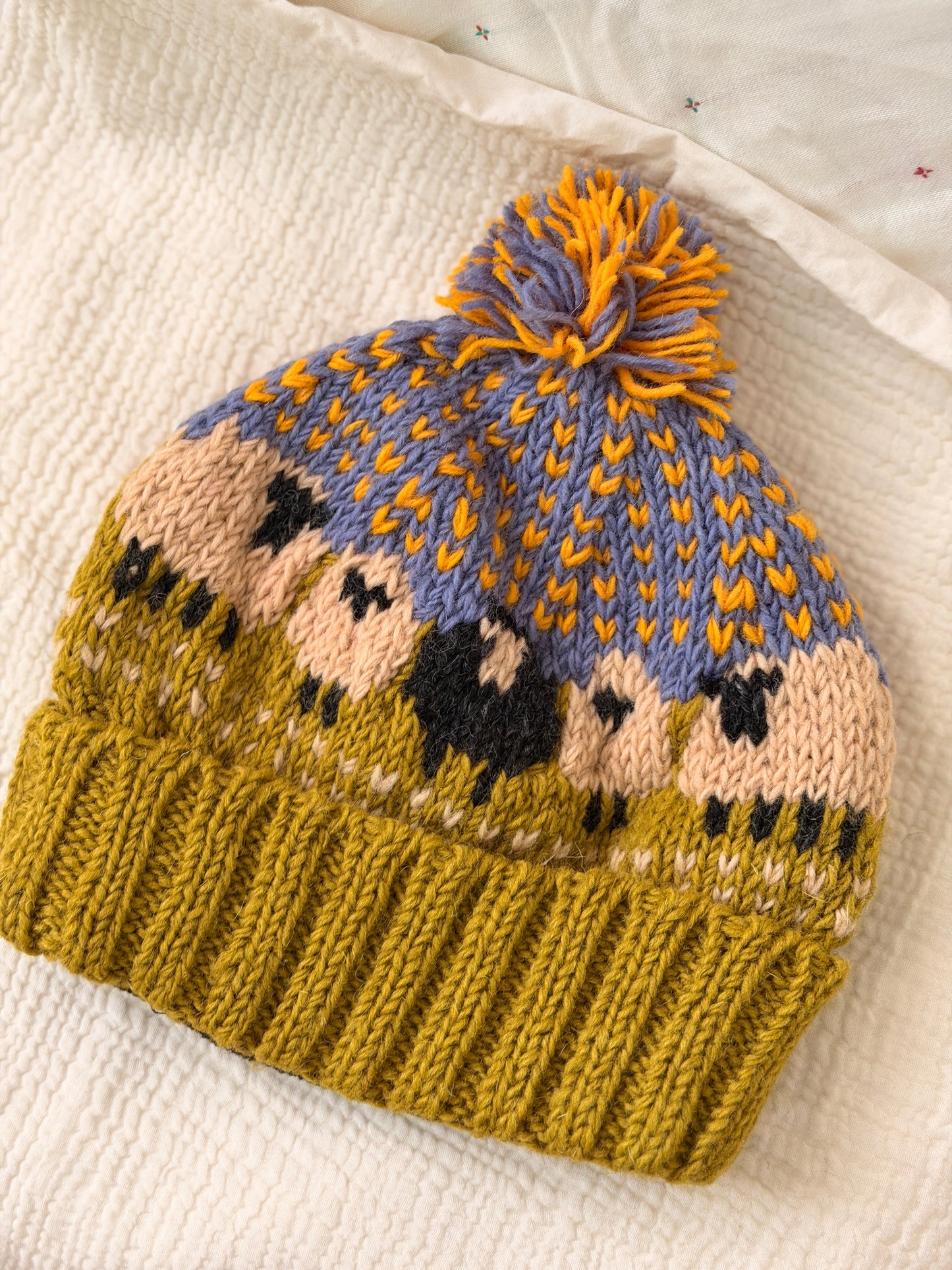 Hand Knit Wool Sheep Hat | Nepal Wool Beanie with Pom Pom | Colorful Winter Hat | Fair Isle Style Beanie | Handmade in Nepal