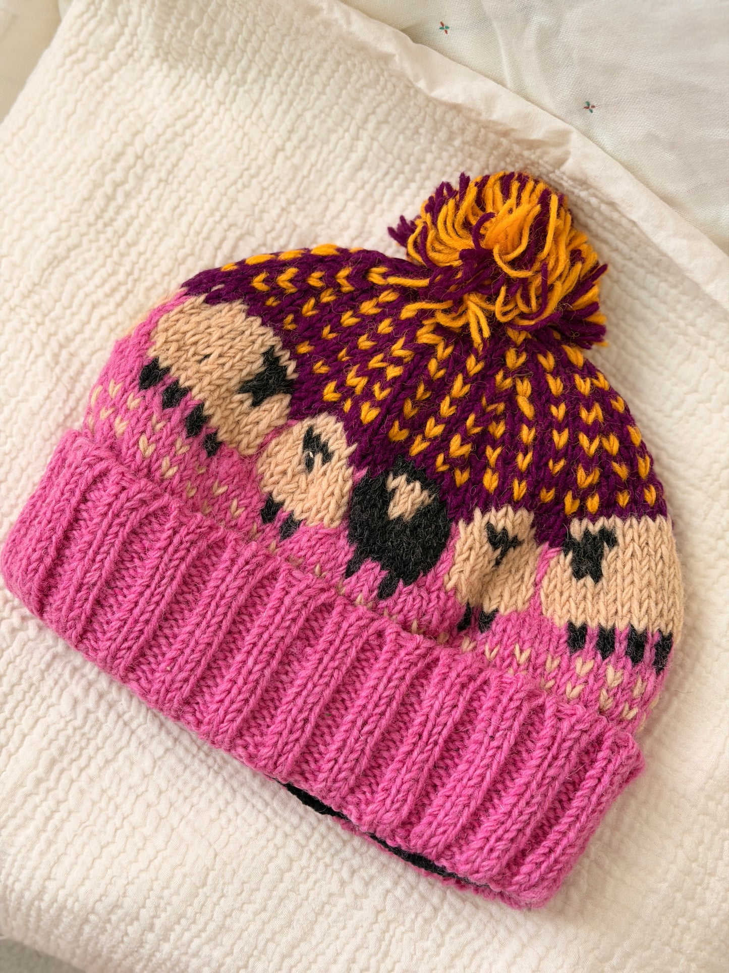 Hand Knit Wool Sheep Hat | Nepal Wool Beanie with Pom Pom | Colorful Winter Hat | Fair Isle Style Beanie | Handmade in Nepal