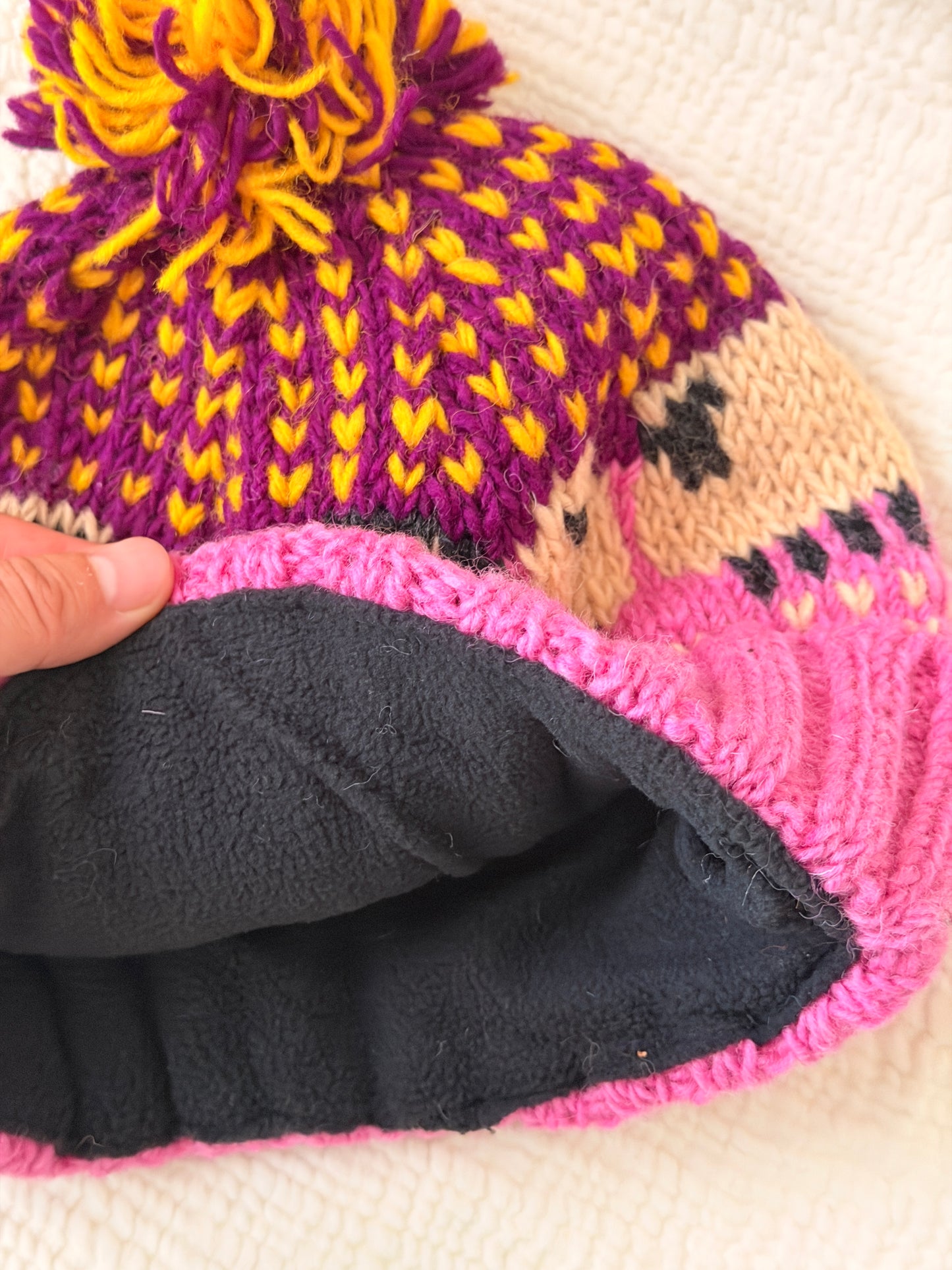 Hand Knit Wool Sheep Hat | Nepal Wool Beanie with Pom Pom | Colorful Winter Hat | Fair Isle Style Beanie | Handmade in Nepal