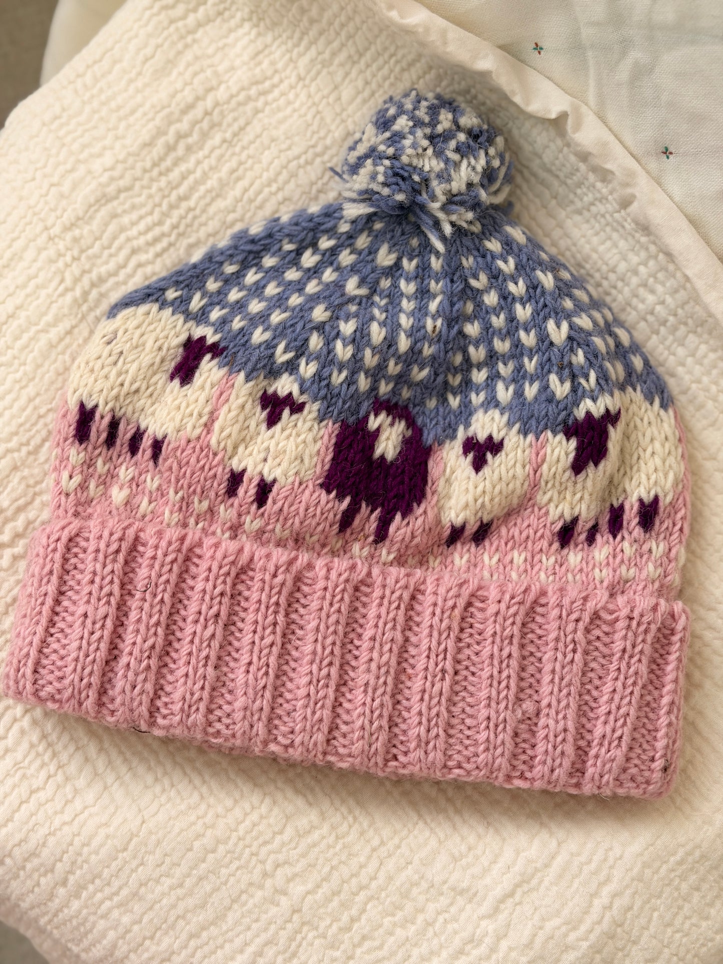 Hand Knit Wool Sheep Hat | Nepal Wool Beanie with Pom Pom | Colorful Winter Hat | Fair Isle Style Beanie | Handmade in Nepal